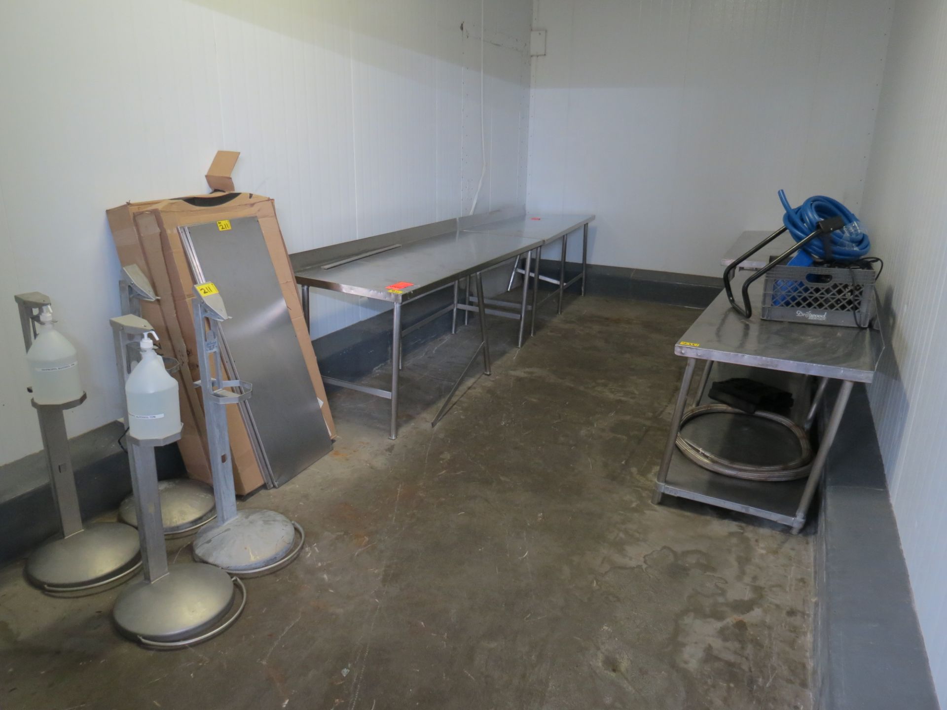 Lot of Damaged Stainless Steel Tables, Trays & Sanitizer Dispensers
