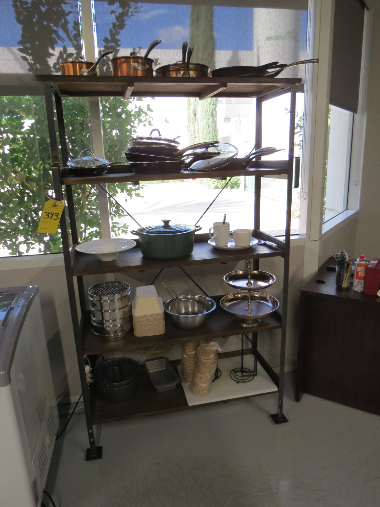 Lot Wood with Metal Frame Display Racks with Assorted Cookware