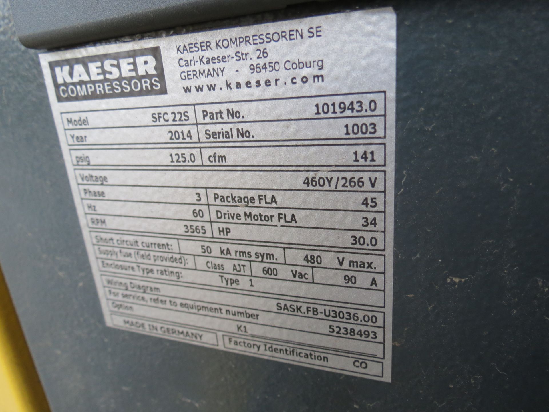 2014 Kaeser SFC 22S, 30HP, 3PH, Rotary Screw Air Compressor, SN: 1003 - Image 5 of 5