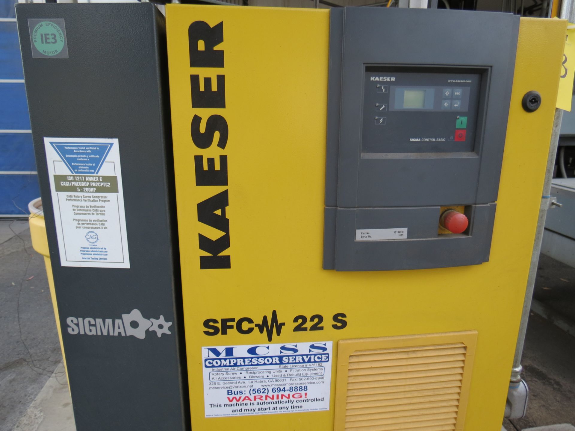 2014 Kaeser SFC 22S, 30HP, 3PH, Rotary Screw Air Compressor, SN: 1003 - Image 2 of 5