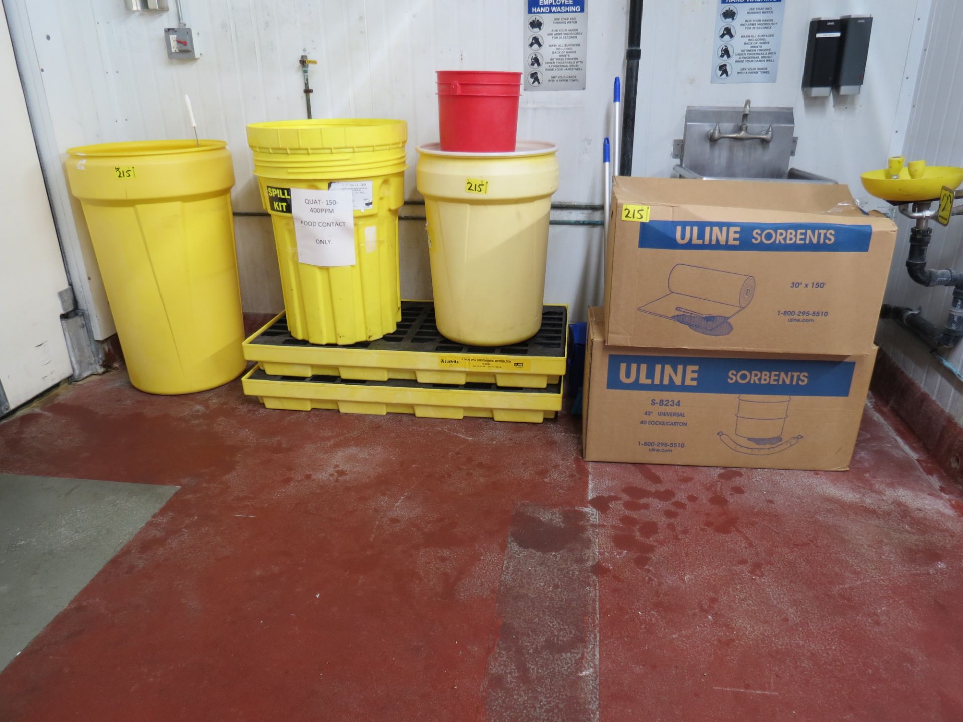 Lot Assorted Uline Sorbents, Justrite 2-Drum Spill Containment Workstation & 3-Empty Spill