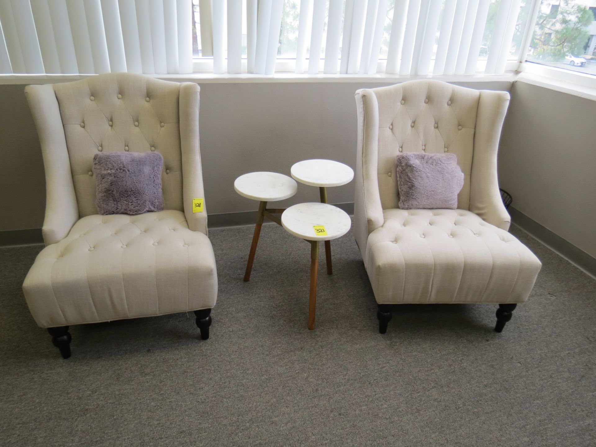 (2) Beige High Back Accent Chairs and Table