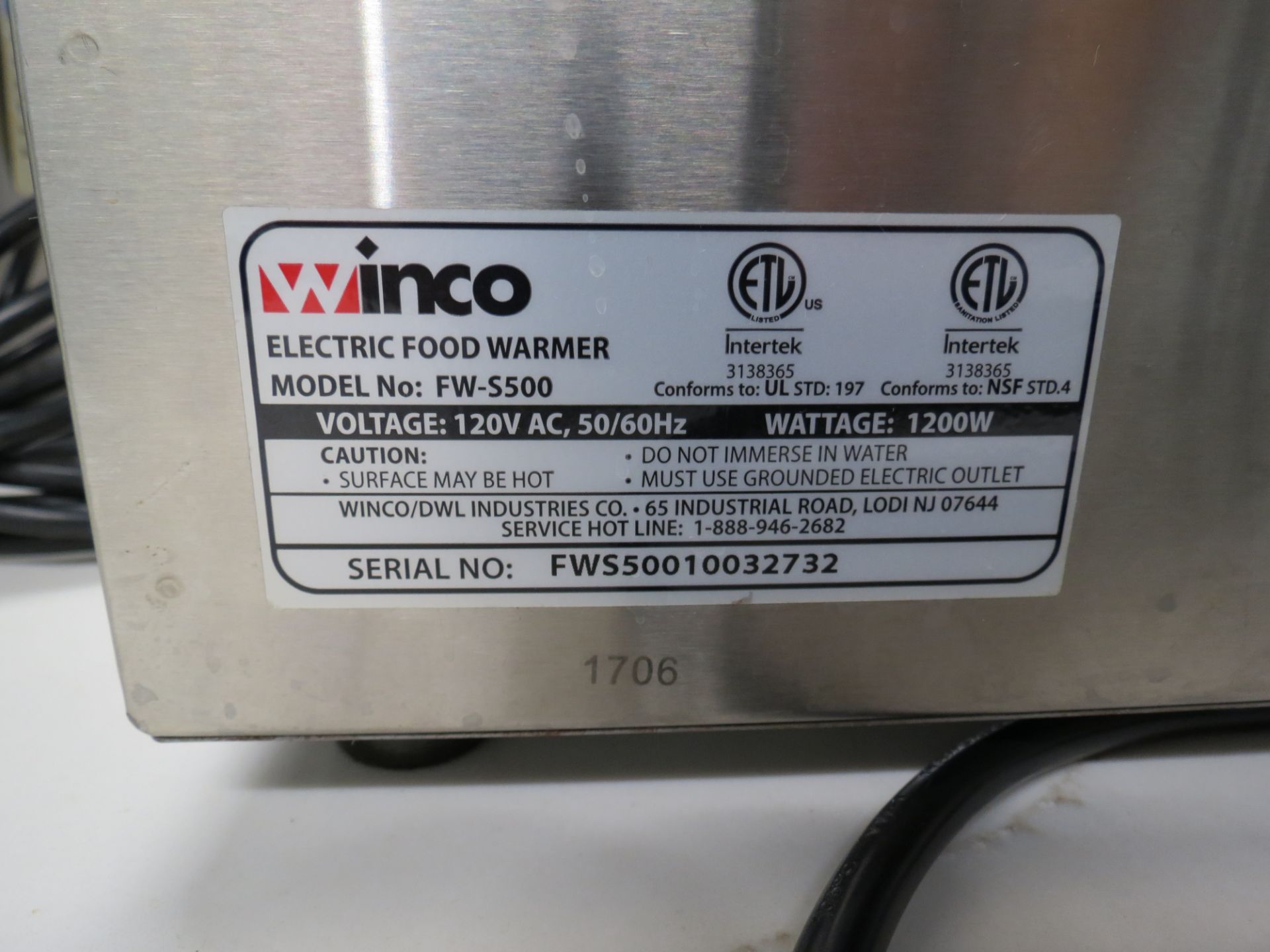 Winco Stainless Steel Model FW-S500 Electric Food Warmer SN: FWS50010032732 - Image 3 of 3