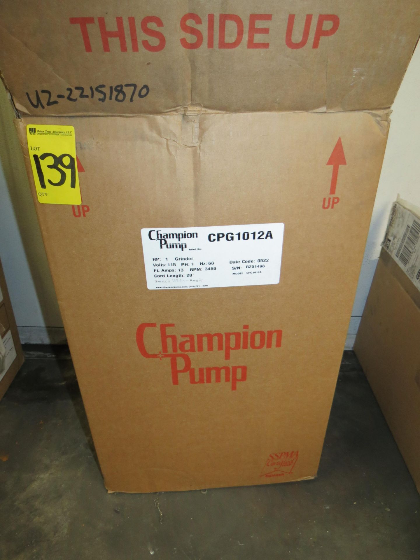 Champion Model CPG1012A 1HP, SN: R251498 Grinder Pump
