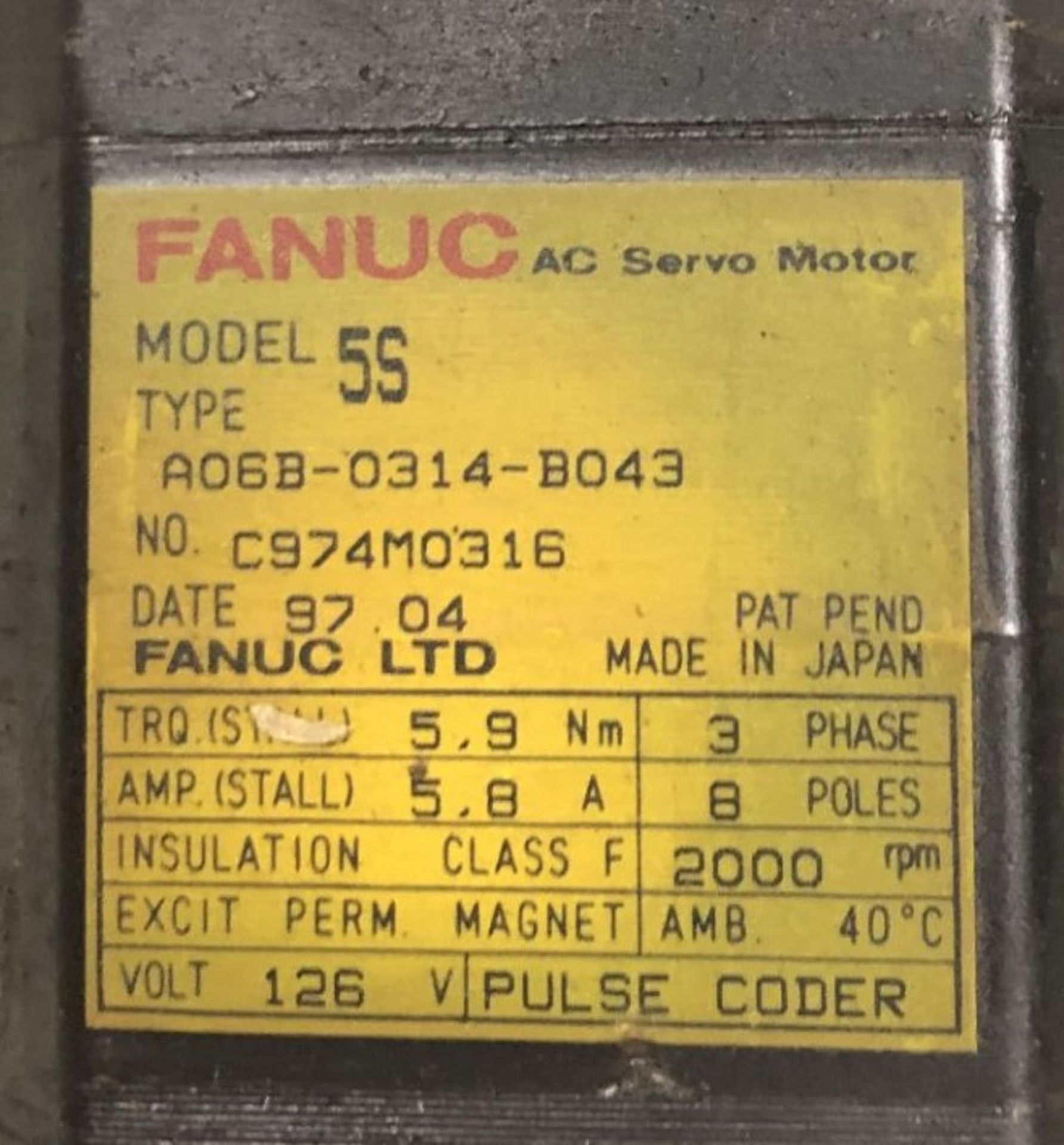 Fanuc AC Servo Motor, A06B-0314-B043 - Image 5 of 5