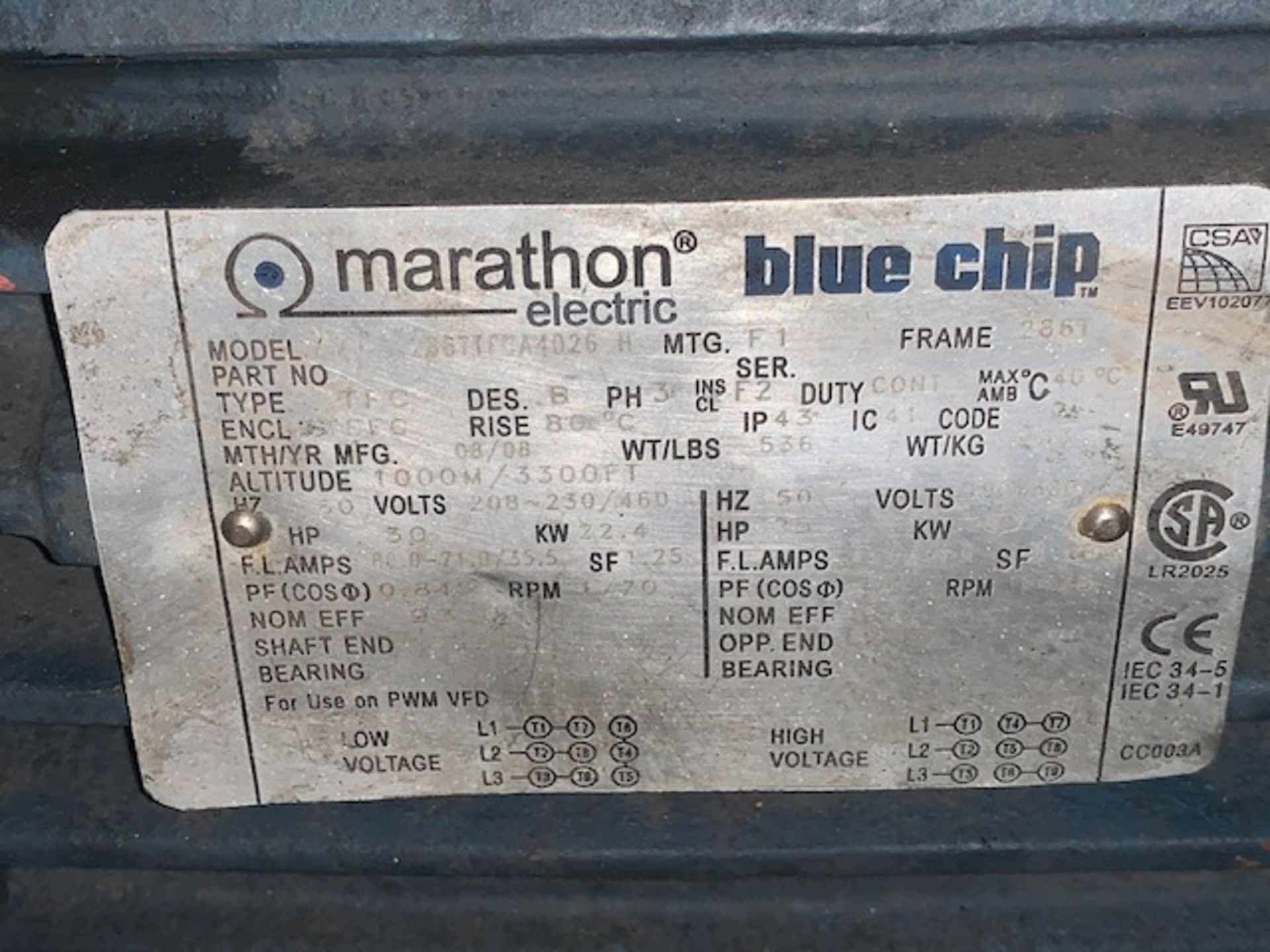30 HP Marathon Electric Motor, Mod# 286TTFCA4026 - Image 3 of 3