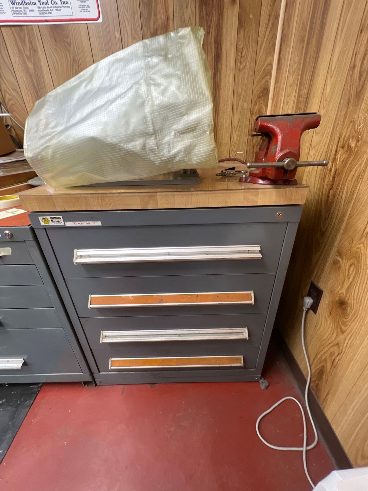 4 Drawer Stanley Vidmar Cabinet w/ Work Vise Bench w/ Butcher Block Top