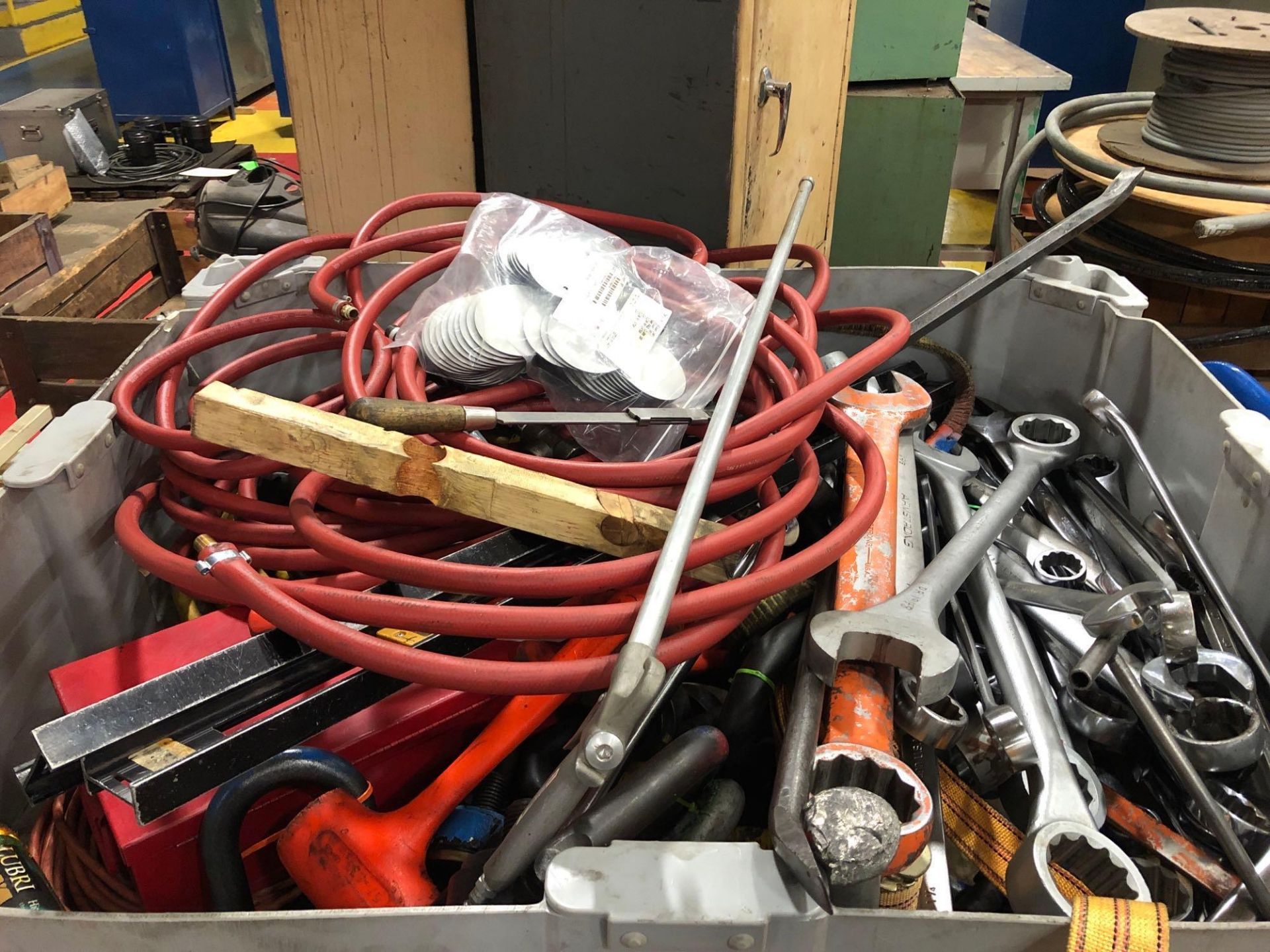 Lot of Wrenches, Shackles, Swivel D-Rings, Hose, Levels & Misc w/ Plastic Tote - Image 3 of 3