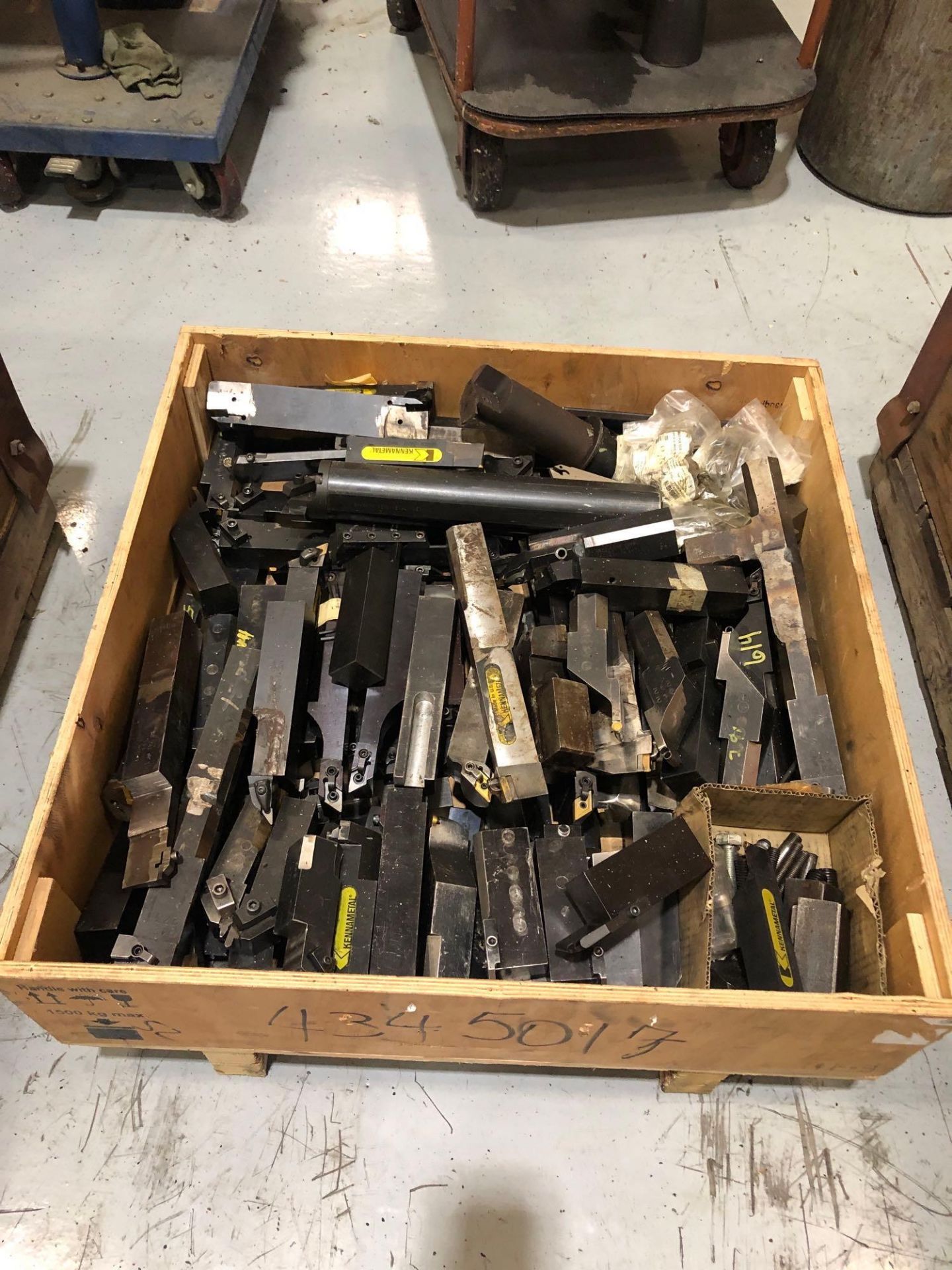 Lot of Carbide Insert Cutters, Holders, Boring Bar, and Misc items in Wood Box / Crate