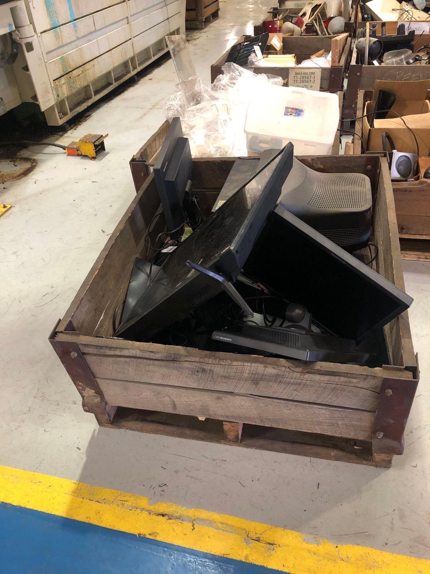 Lot of misc. computer items and TVs in wood crate