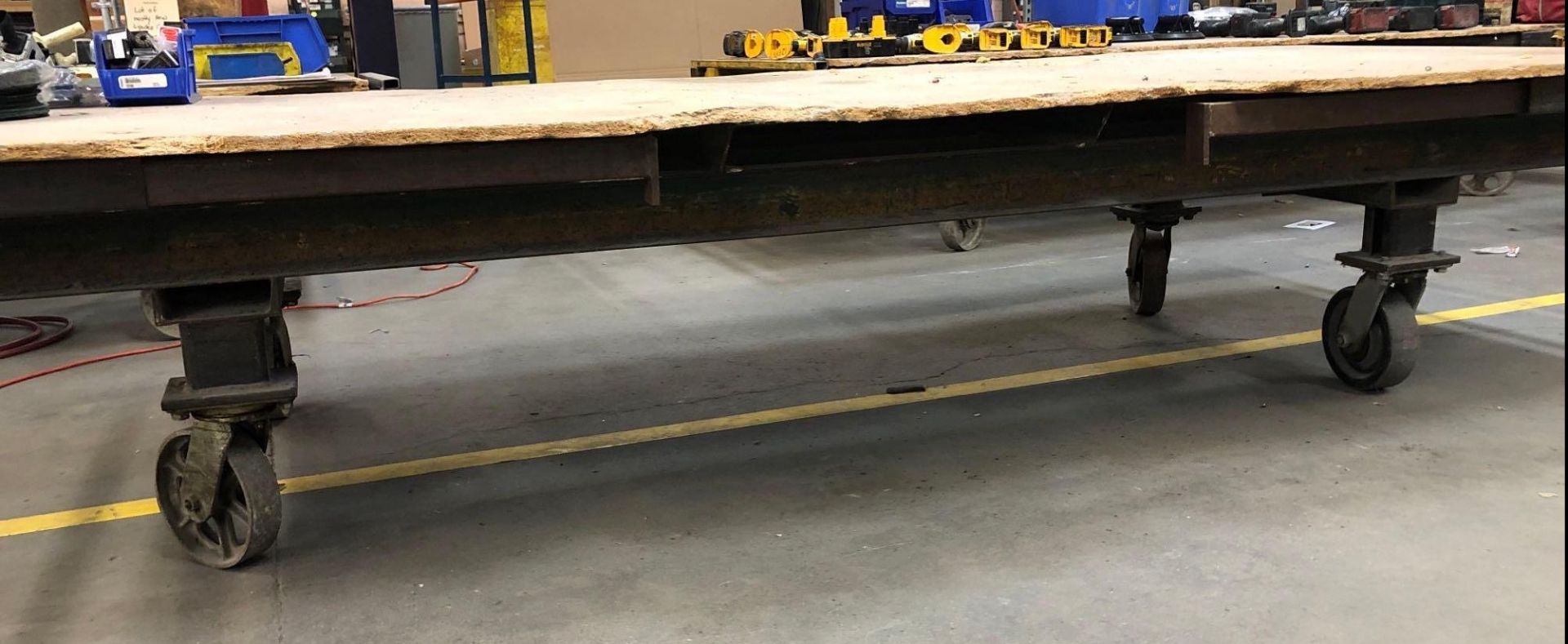 44" W x 96" Long Steel Frame Cart w/ Particle Board Deck w/ Wheels