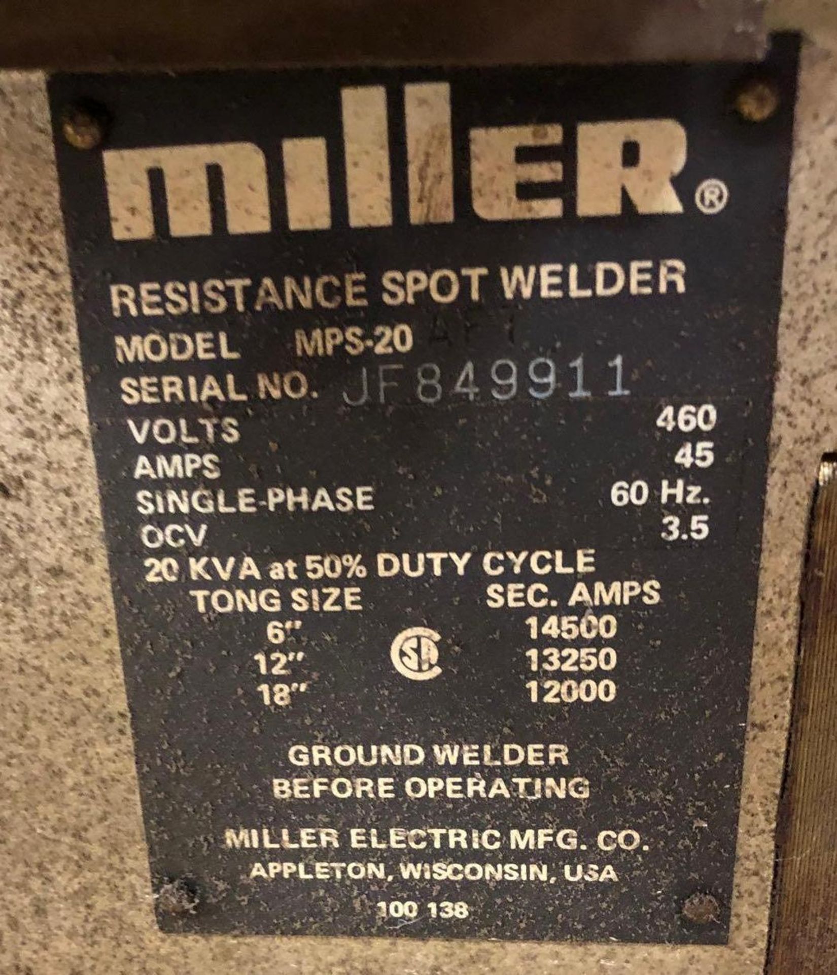 Miller 20 KVA Resistance Spot Welder, MPS-20 - Image 6 of 7