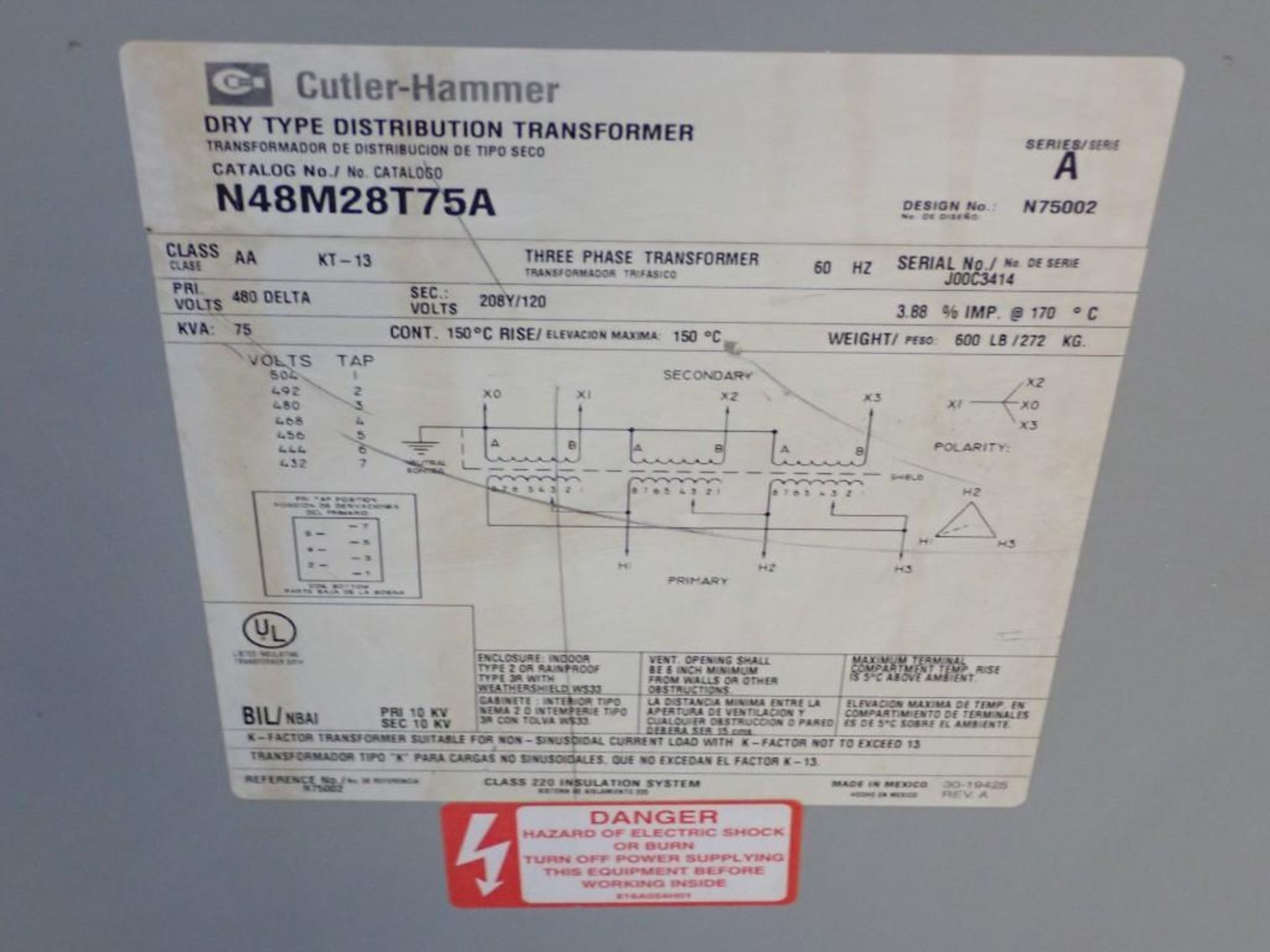 75 KVA Cutler Hammer Transformer #N48M28T75A - Image 3 of 3