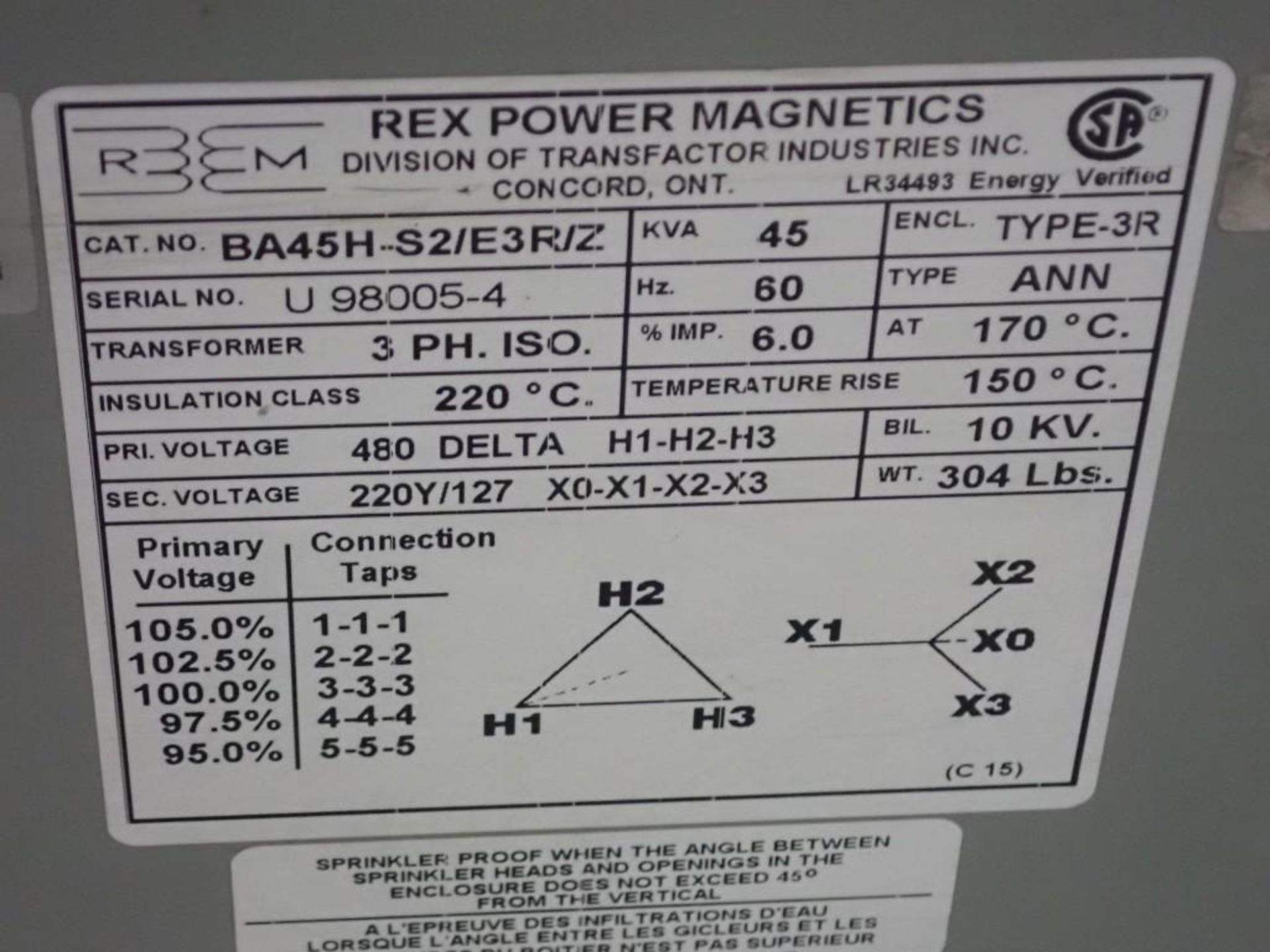 45 KVA Transformer #BA45H-S2/E3R/Z - Image 3 of 3