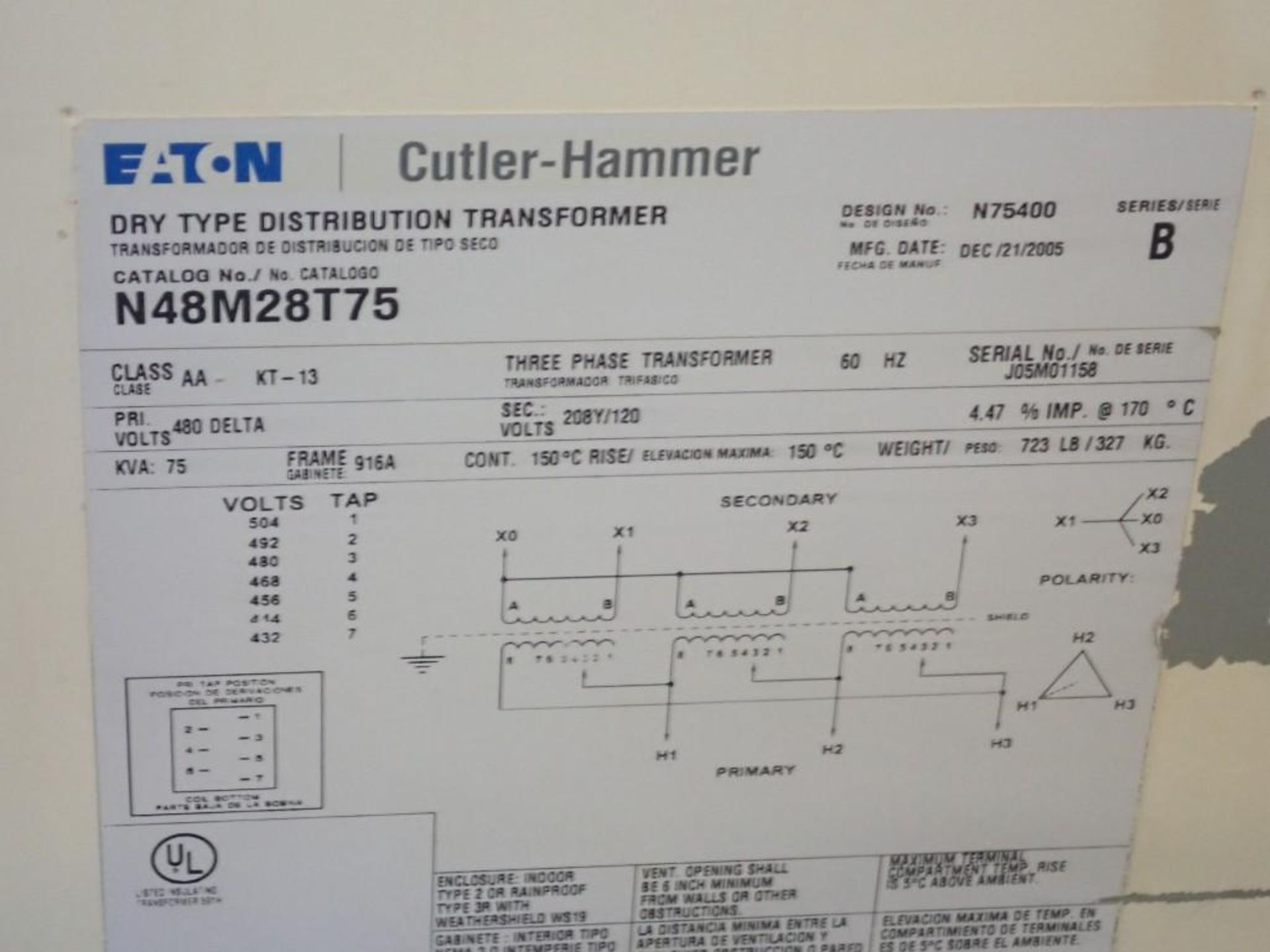 75 KVA Cutler Hammer Transformer #N48M28T75 - Image 4 of 4