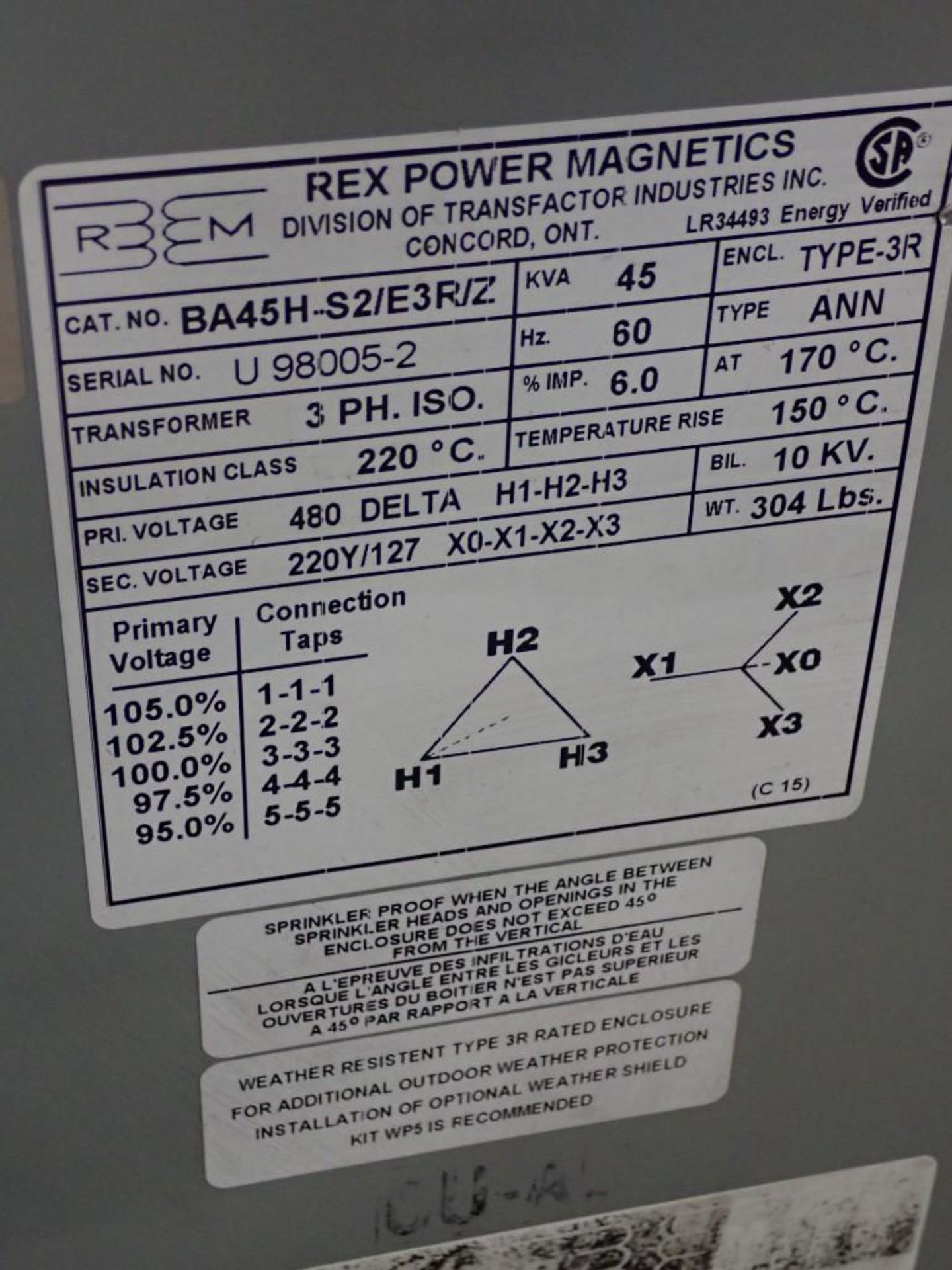 45 KVA Transformer #BA45H-S2/E3R/Z - Image 4 of 4