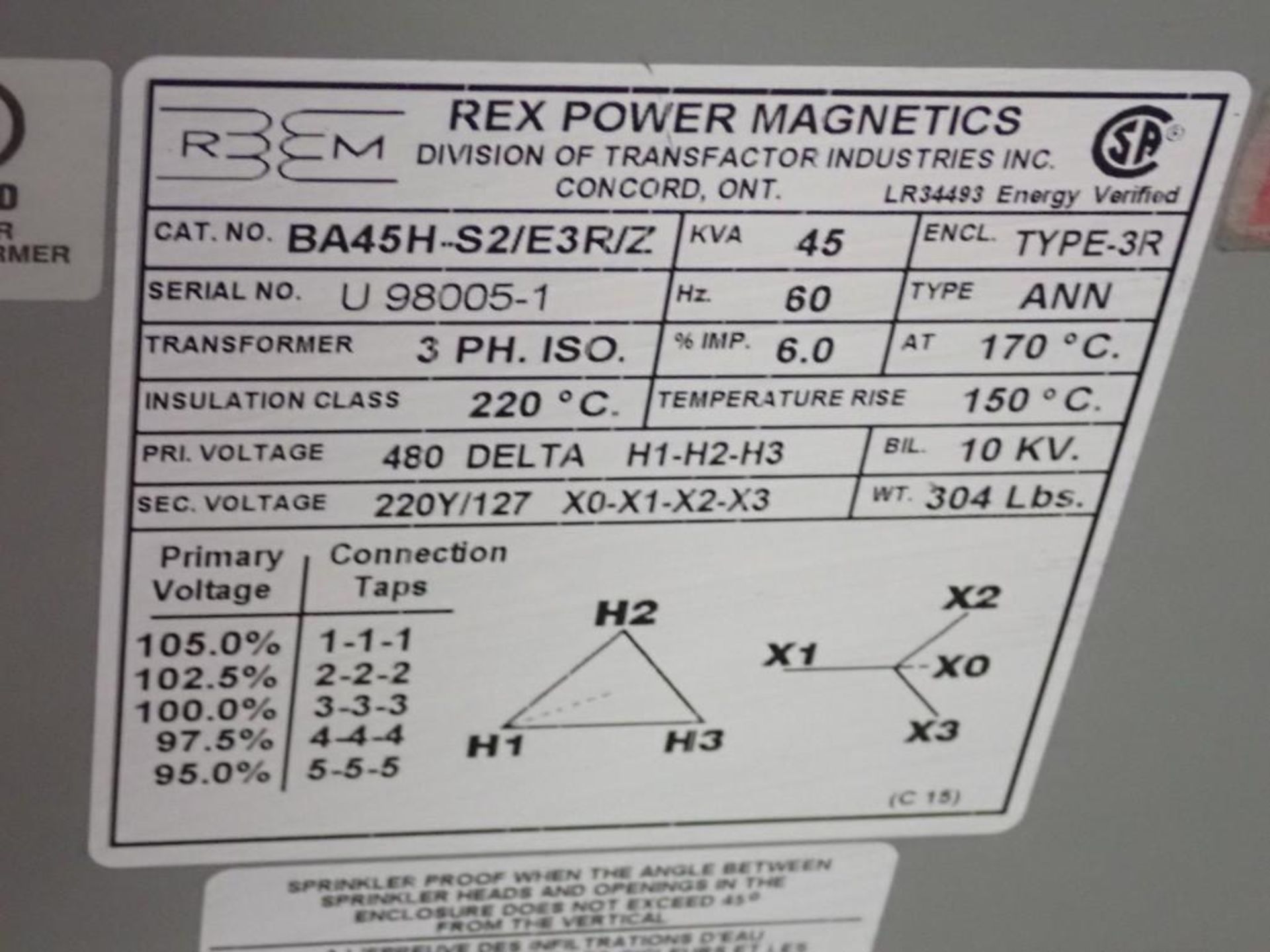 45 KVA Transformer #BA45H-S2/E3R/Z - Image 4 of 4