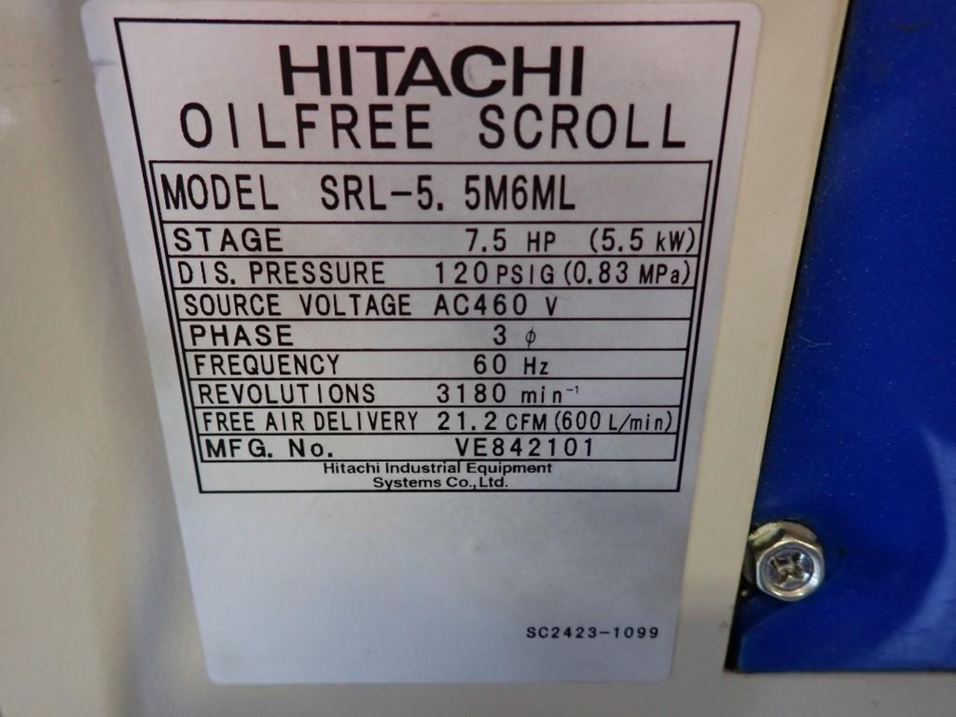 7.5 HP Hitachi #SRL-5.5M6ML Oil Free Scroll Compressor - Image 7 of 7
