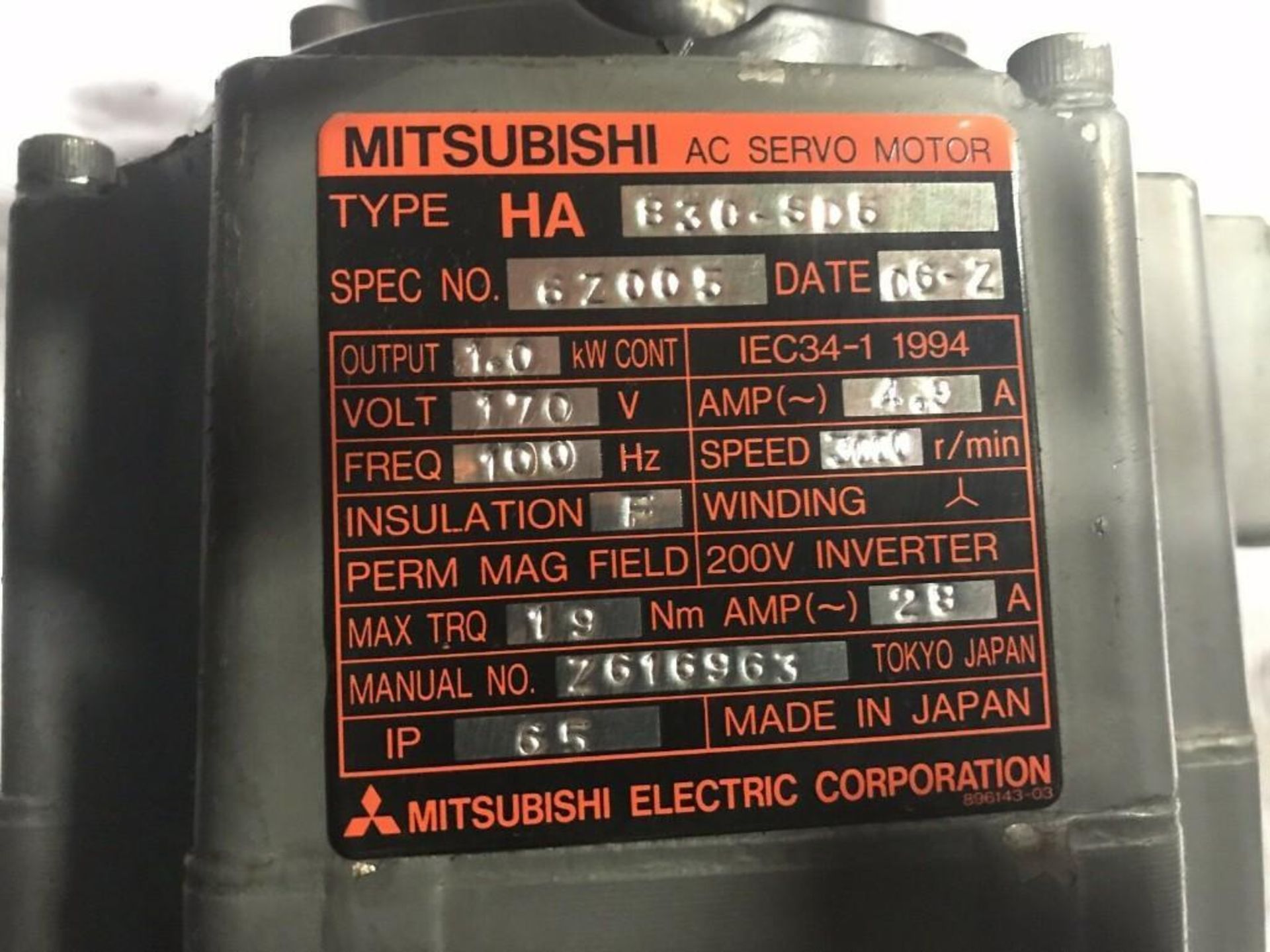 Mitsubishi AC Servo Motor, # HA83C-SD5 w/ Encoder OSE 5K-6-12-108 - Image 6 of 6