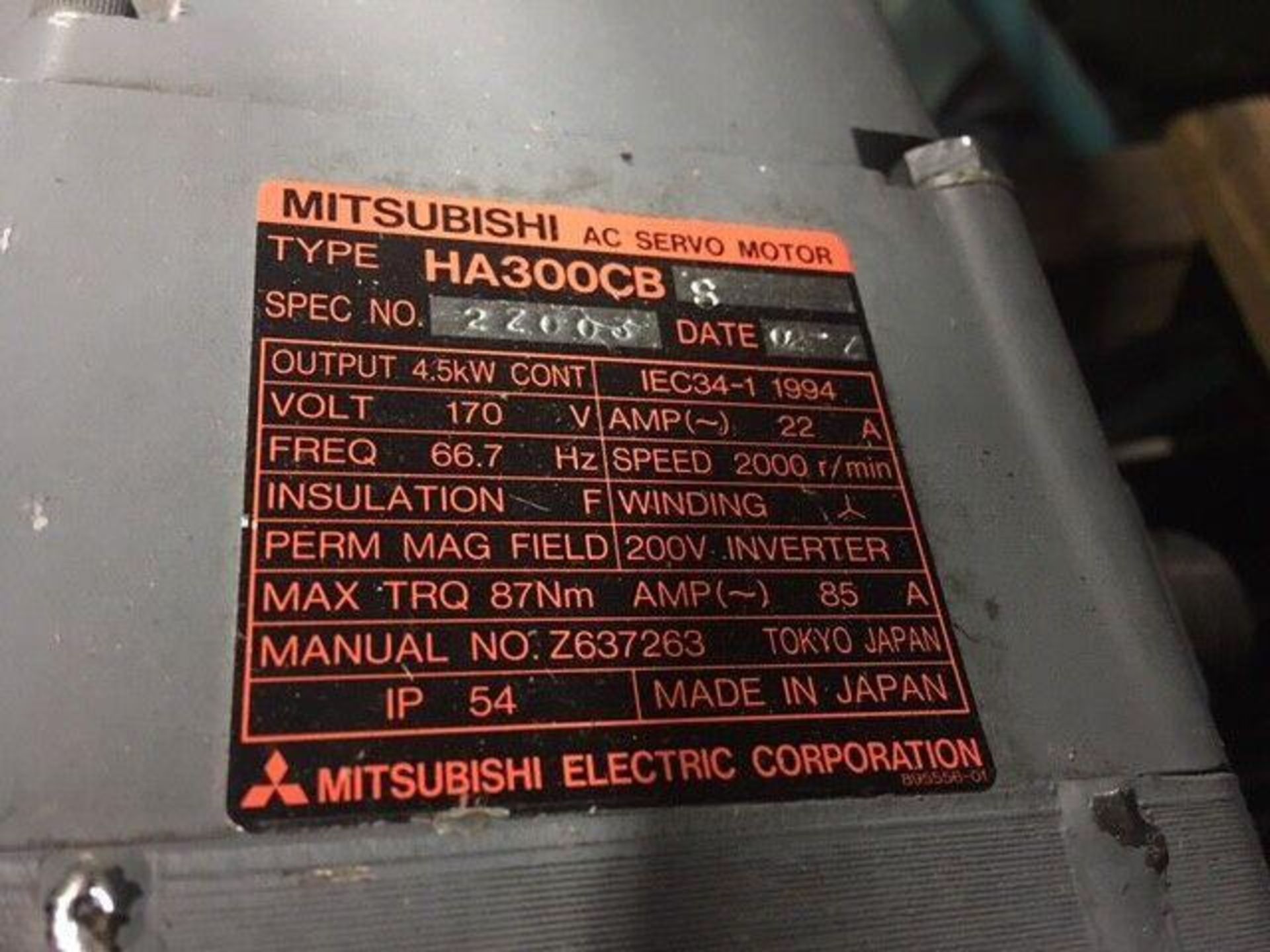 Mitsubishi AC Servo Motor, # HA300CBS w/ Encoder - Image 5 of 5