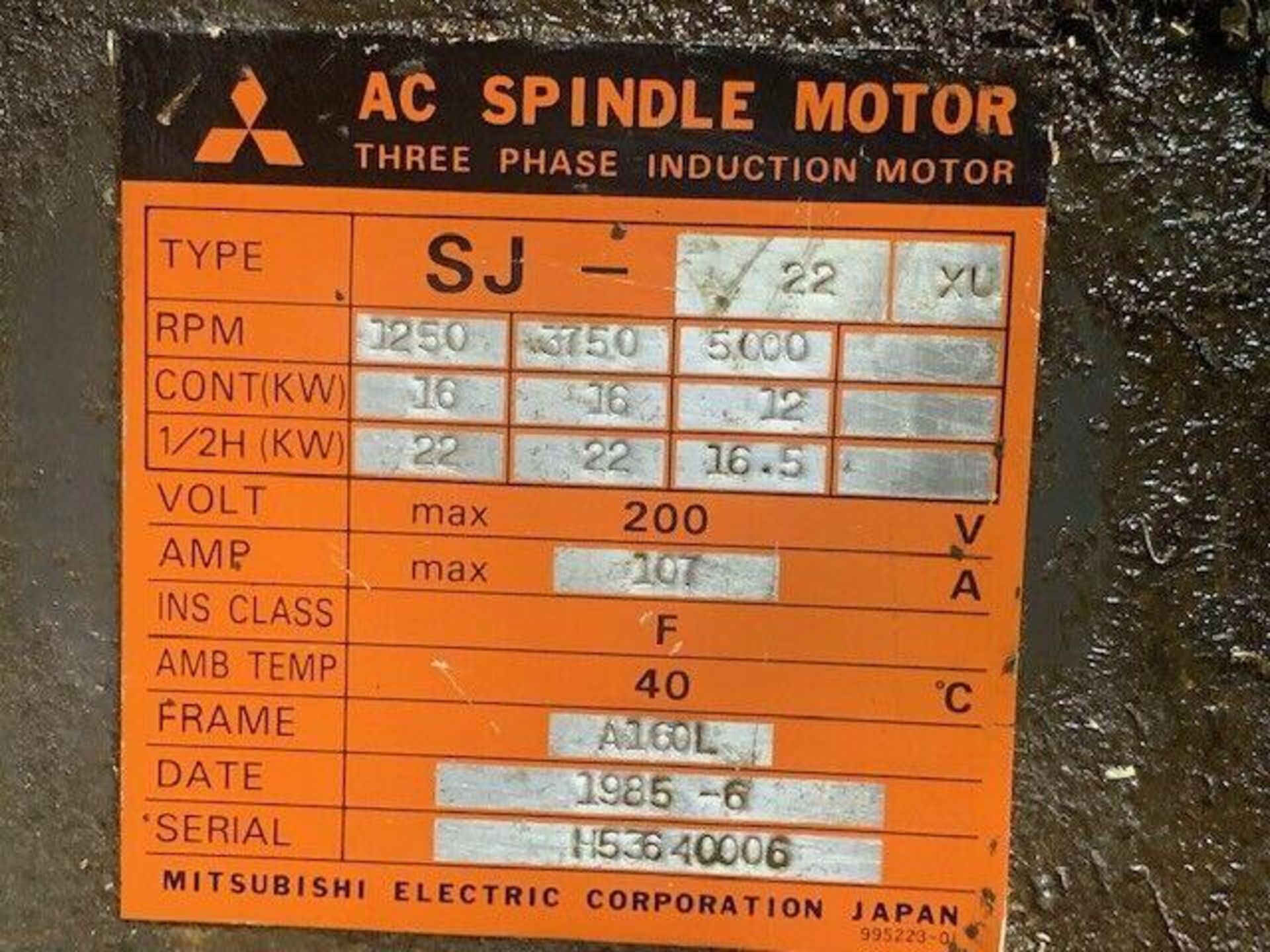 Mitsubishi #SJ-22 XU, AC Spindle Drive Motor, 16/22 kW, 200V, 1250/5000 RPM - Image 5 of 5