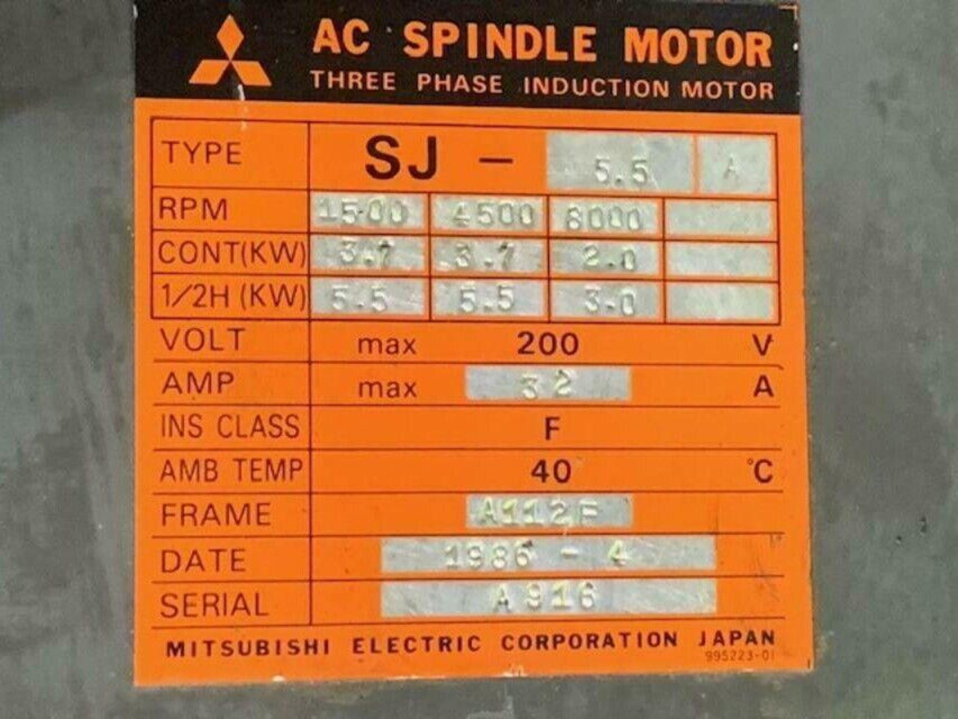 Mitsubishi AC Spindle Drive Motor, SJ-5.5 A, 3.7/5.5 kW, 200V - Image 5 of 5