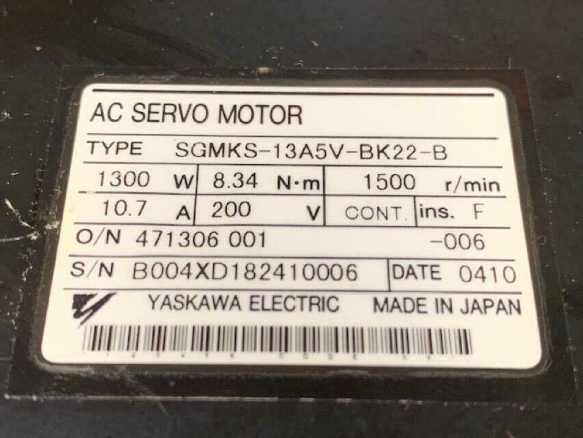 Yaskawa #SGMKS-13A5V-BK22-B AC Servo Motor, UTSAH-B17CL10 - Image 7 of 7