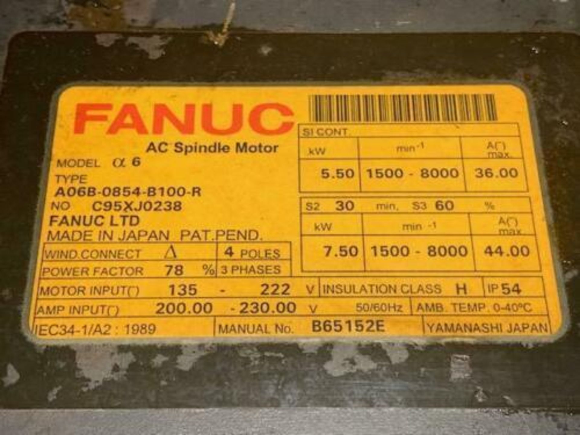 Fanuc #A06B-0854-B100-R Spindle Motor - Image 6 of 6