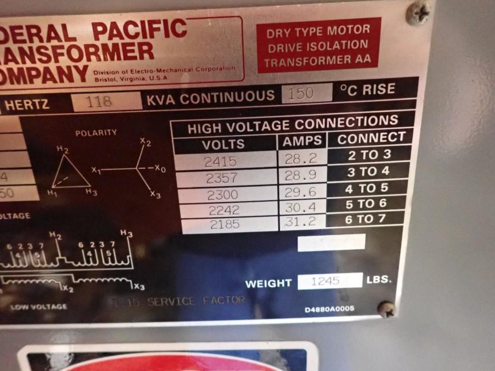 Federal Pacific Transformer Company - 118KVA Continuous, Transformer - Image 6 of 6