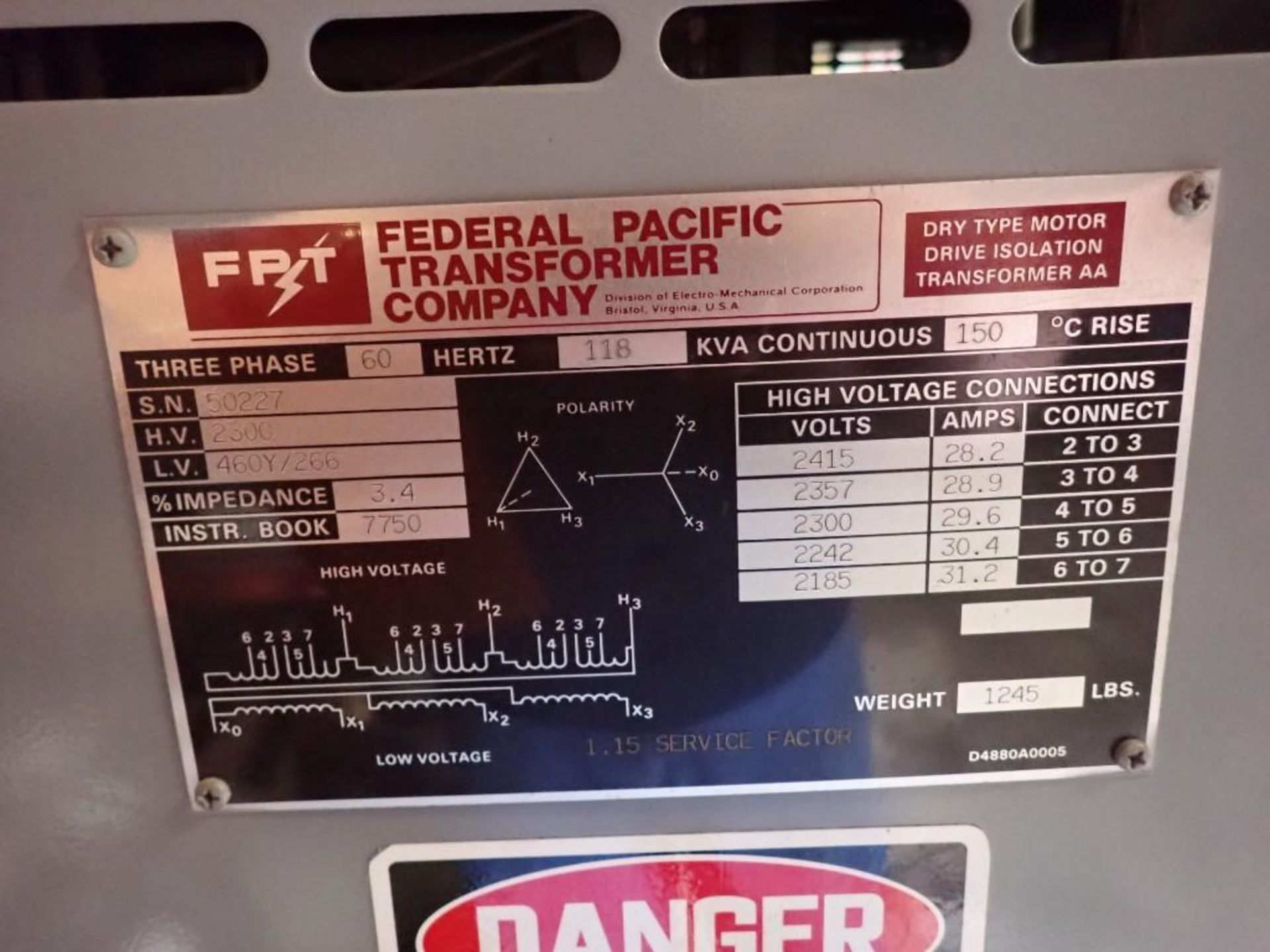 Federal Pacific Transformer Company - 118KVA Continuous, Transformer - Image 4 of 6