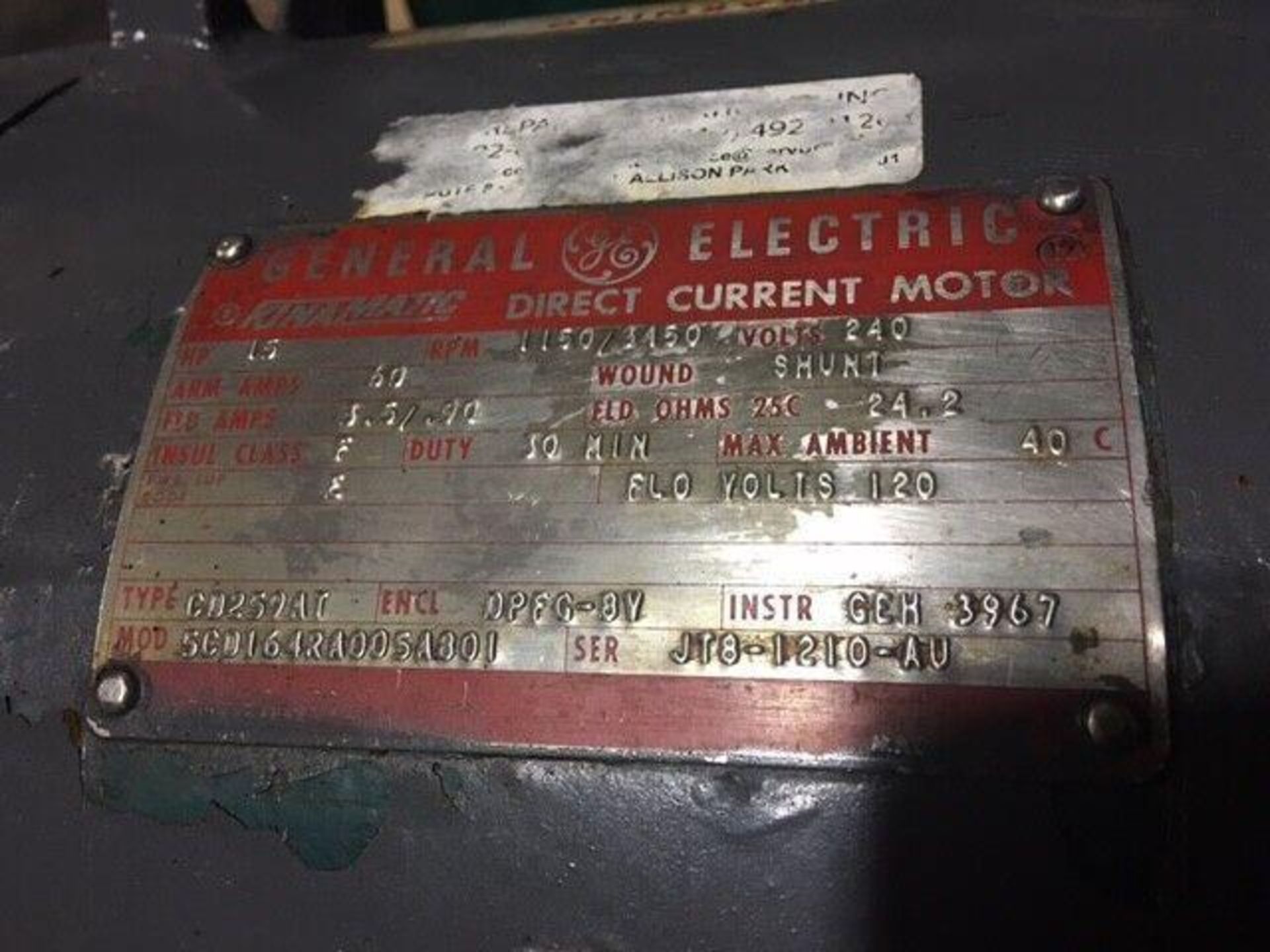 General Electric 15 HP DC Motor, 1150/3450 RPM, 240V, Type# CD259AT, W/ Blower - Image 5 of 5