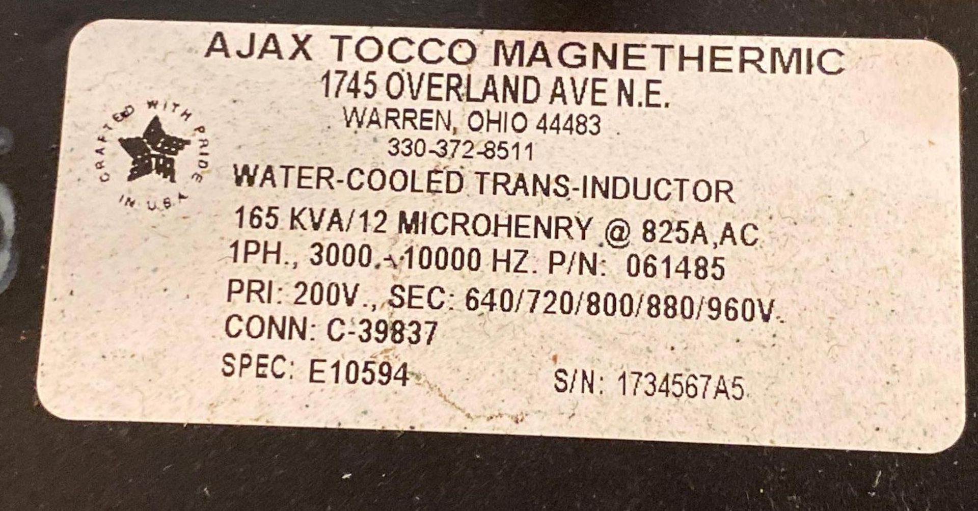 Ajax Tocco Magnethermic Water-Cooled Trans-Inductor - Image 3 of 4