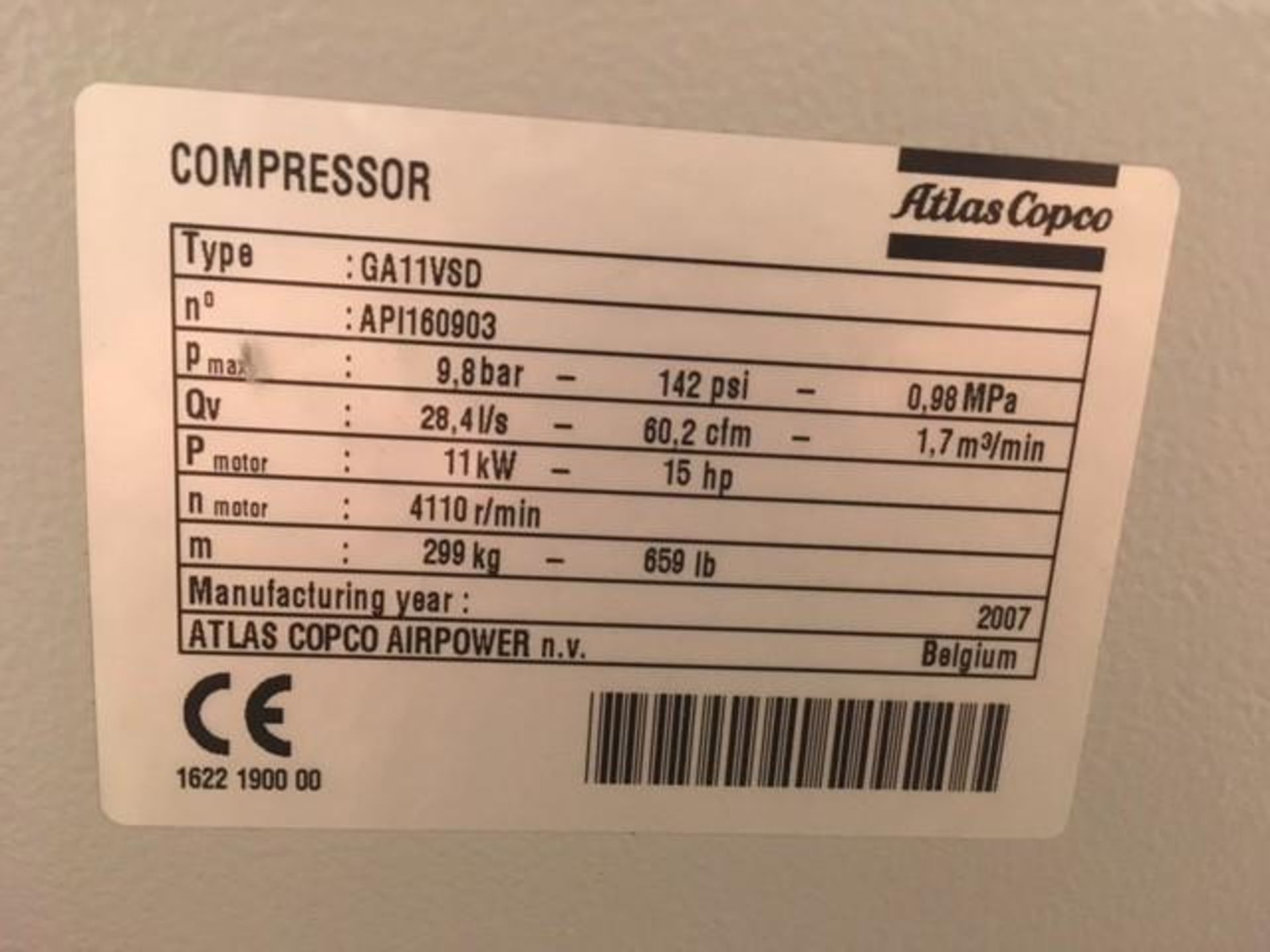 15 HP Atlas Copco GA11VSD Variable Speed Rotary Screw Air Compressor - Image 4 of 4