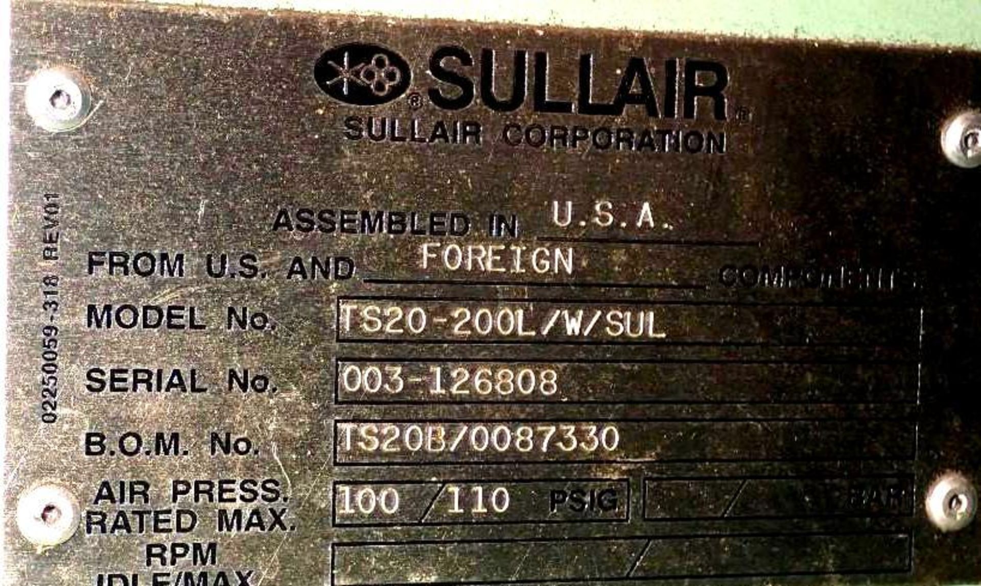 200 HP Sullair #TS20-200L Air Compressor - Image 3 of 4