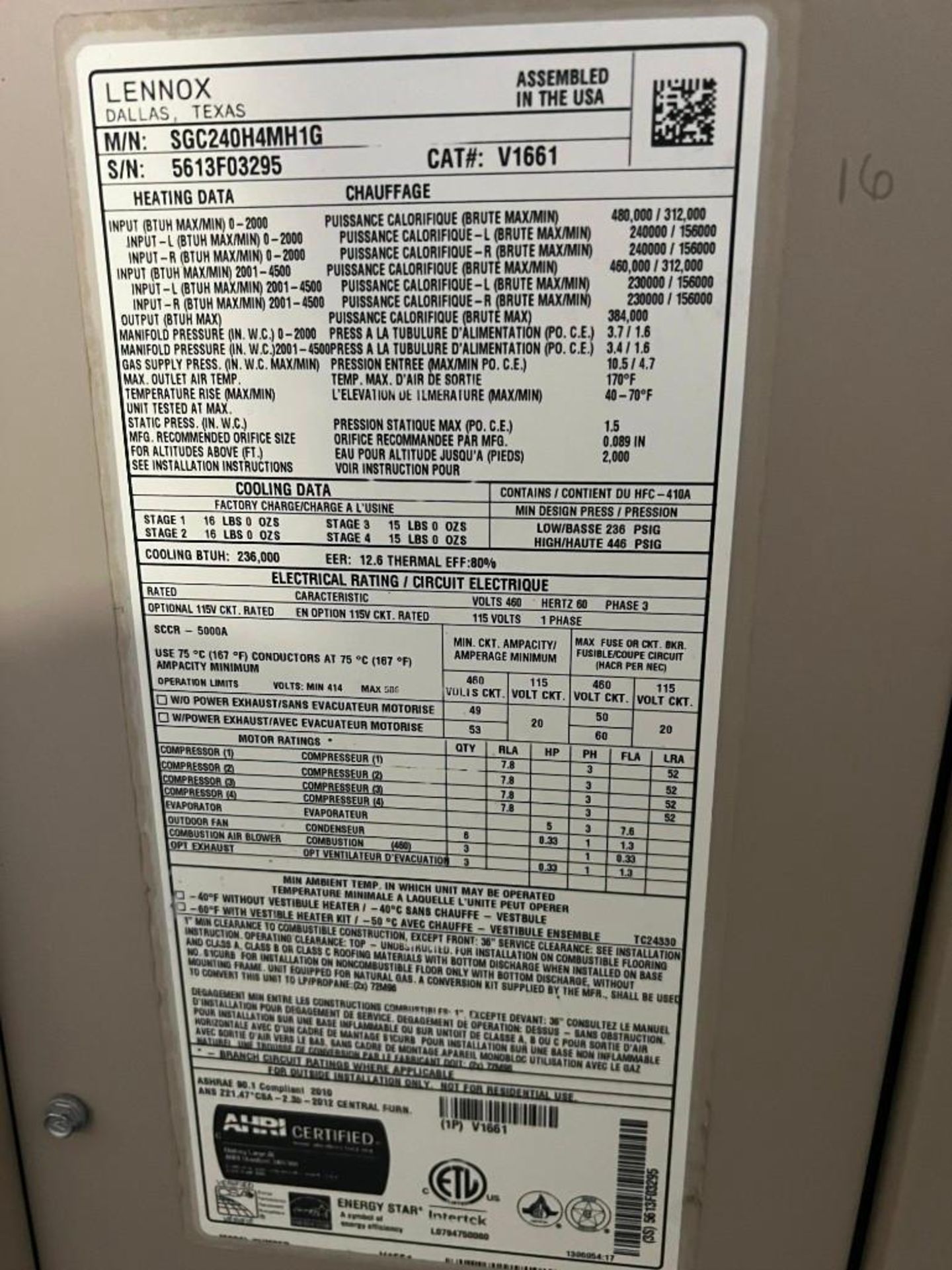 Lenox 20 Ton SGC240H4MH1G High Efficiency Rooftop Unit - Image 4 of 5