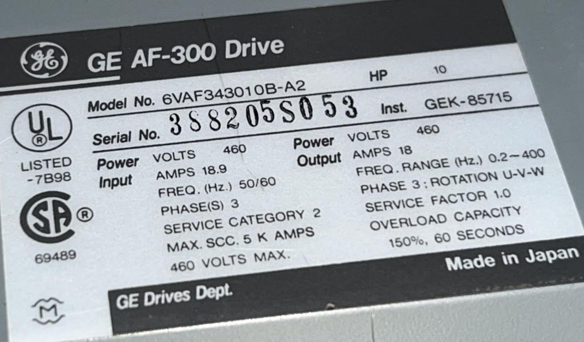 GE General Electric AF-300B AC Drive, 6VAF343010B-A2, 10 H.P. - Image 5 of 5