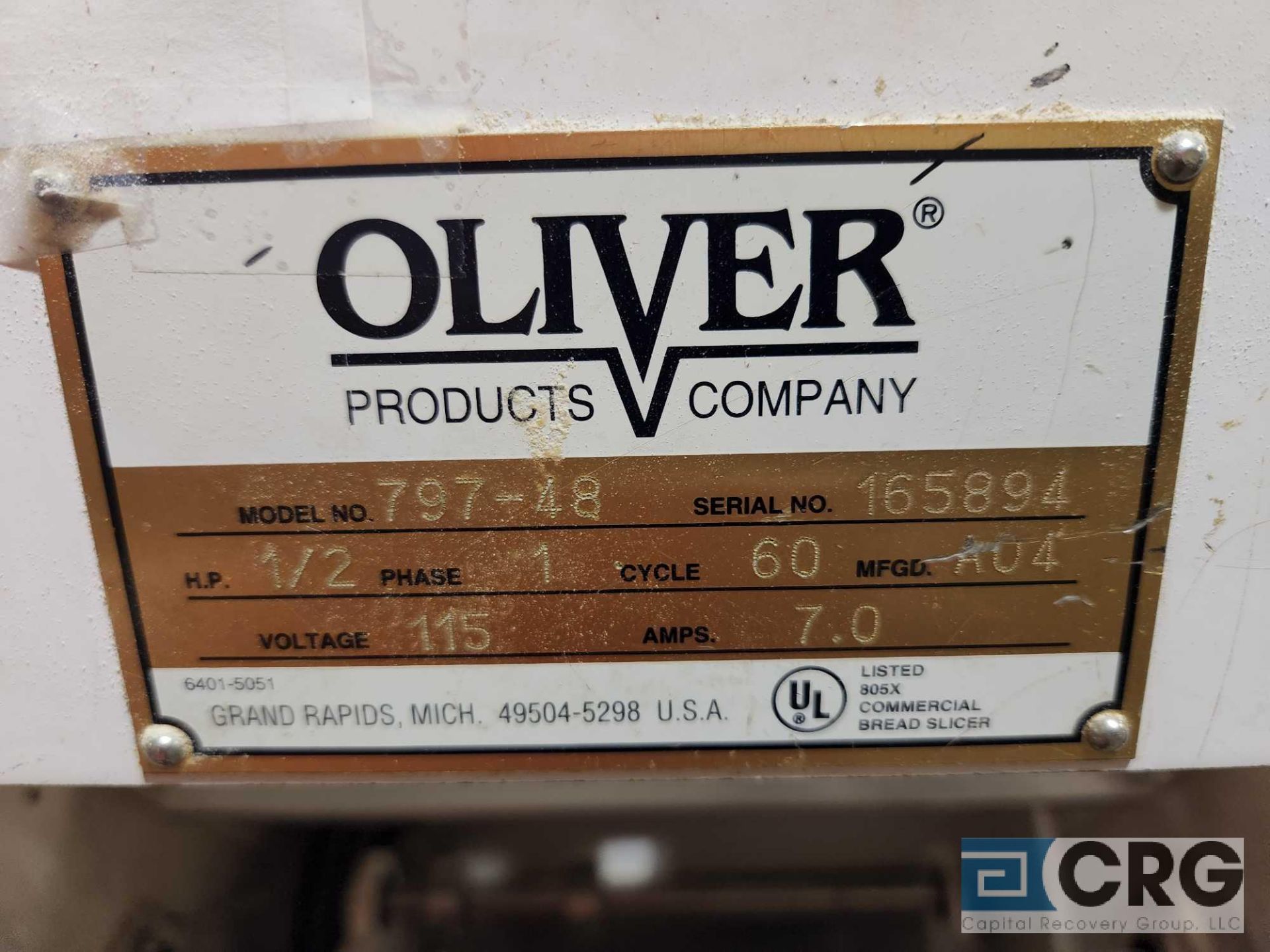 Oliver 797-48 gravity feed loaf slicer, 1/2 hp, 115 volt, 1 phase (for parts) - Image 3 of 3