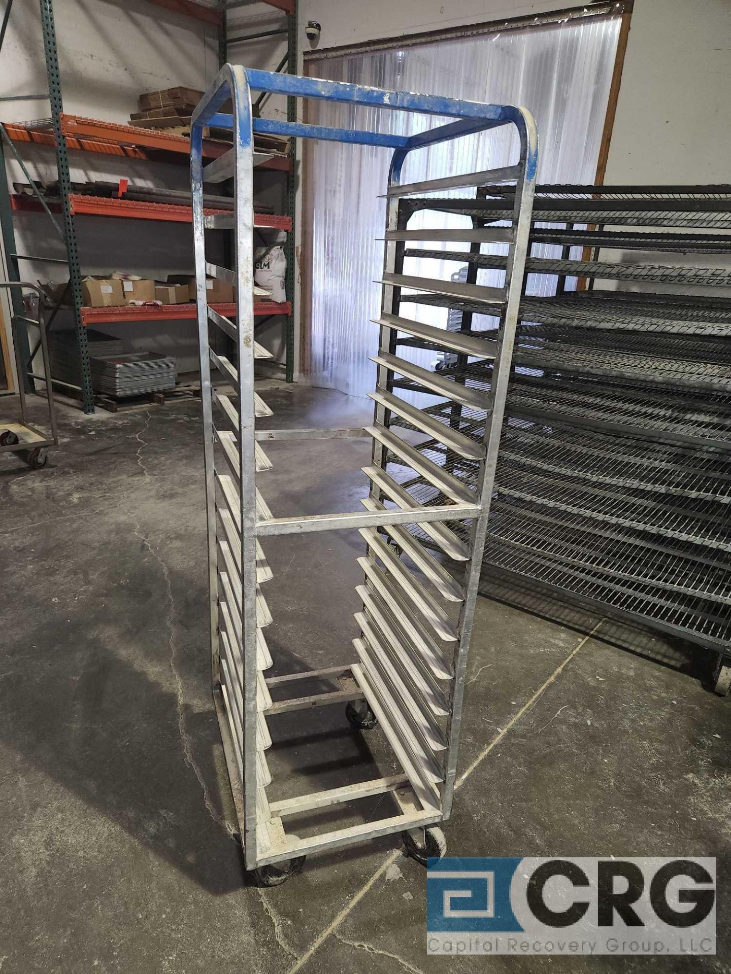 Lot of (12) aluminum 15 tier baking tray racks, rounded frame tops (blue)