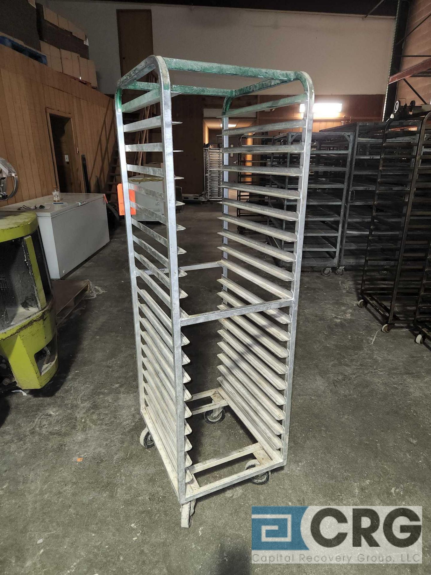 Lot of (10) aluminum 20 tier baking tray racks, rounded frame tops (green)