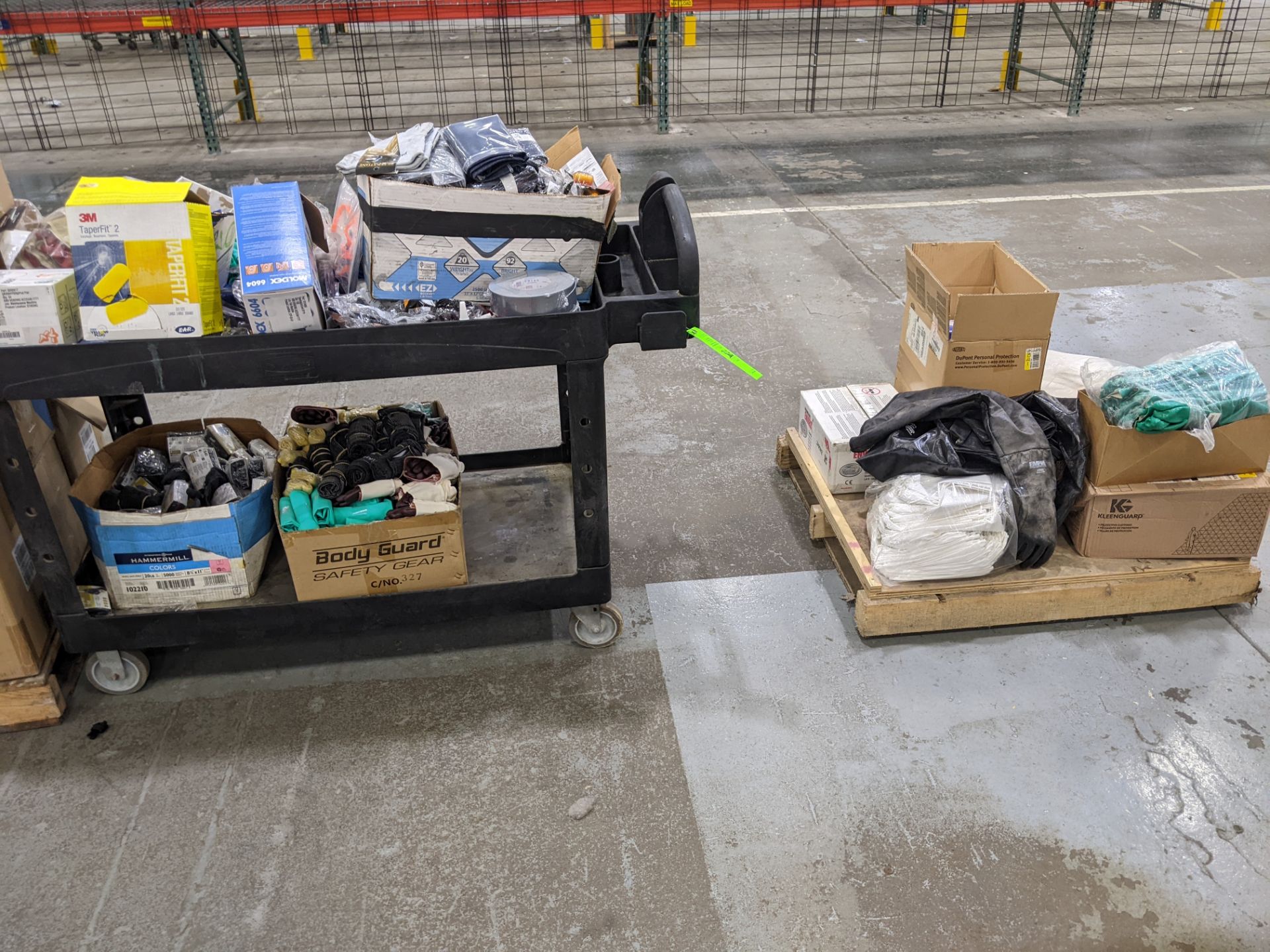 CART AND CONTENTS-GLOVES SOUND PROTECTION SAFETY GLASSES APRONS; PALLET OF PPE INCLUDING GLOVES MASK