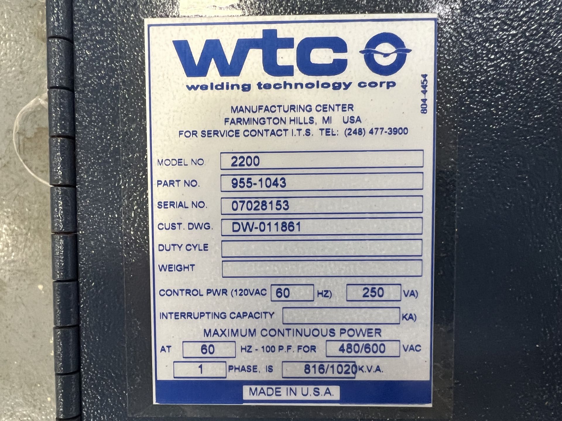 TECHNITRON WELDING CONTROLLER SERIES T2200; S/N 07028153