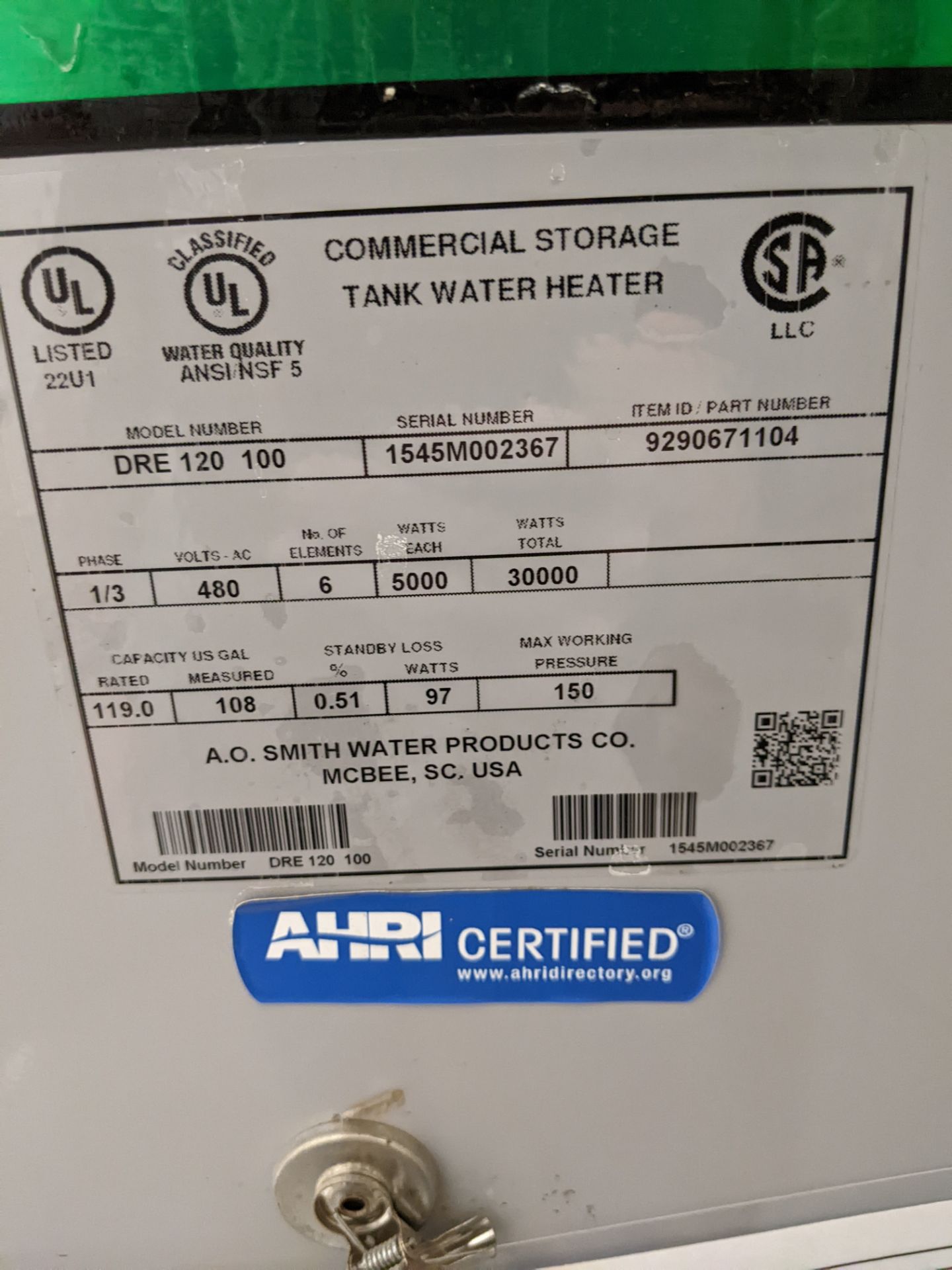 AO SMITH HOT WATER HEATER FOR ZINC LINE MODEL # DRE120100 SERIAL # 1545M002367 - Image 2 of 3