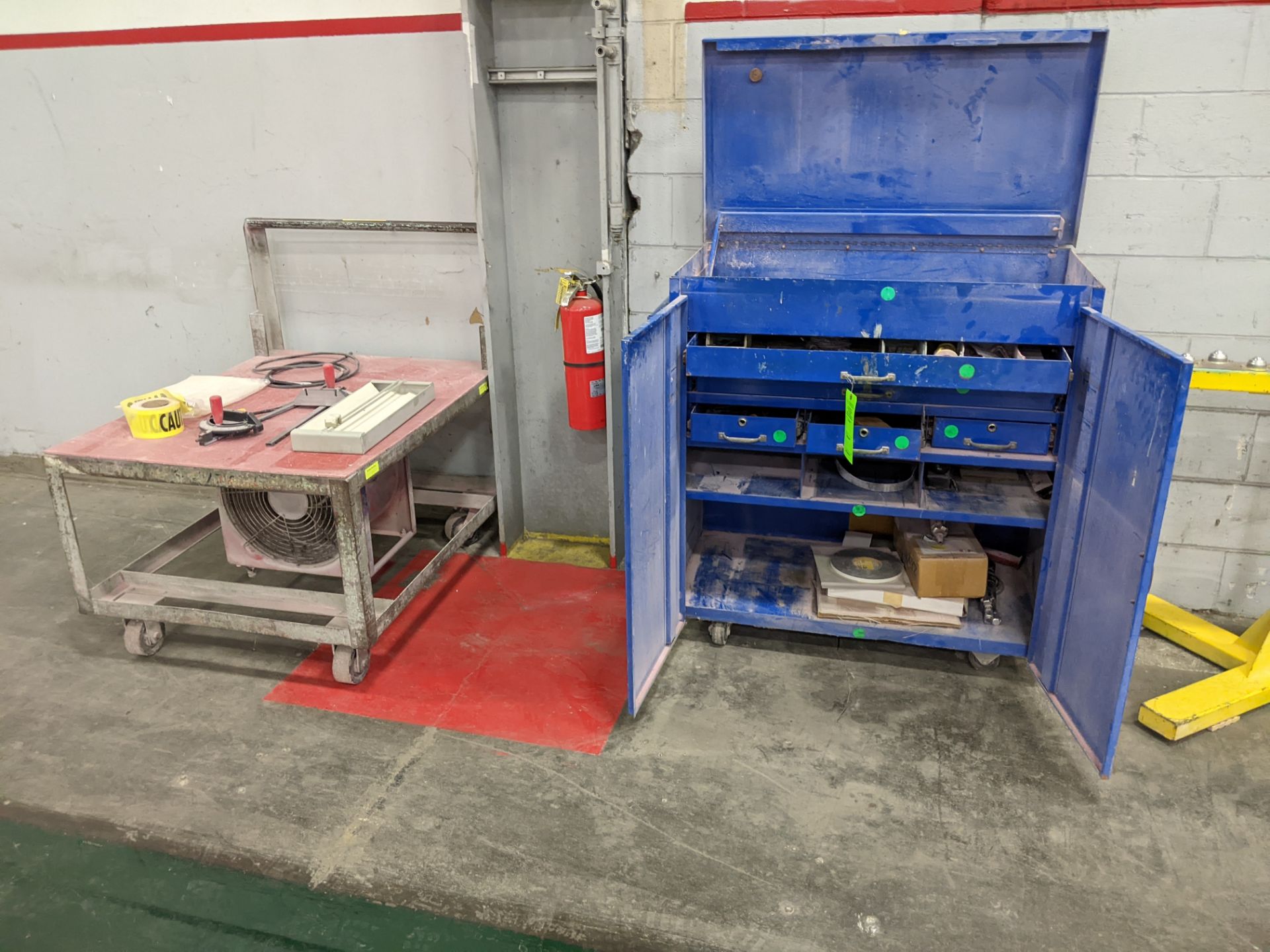 CART WITH CONTENTS AND WORKBENCH WITH CONTENTS