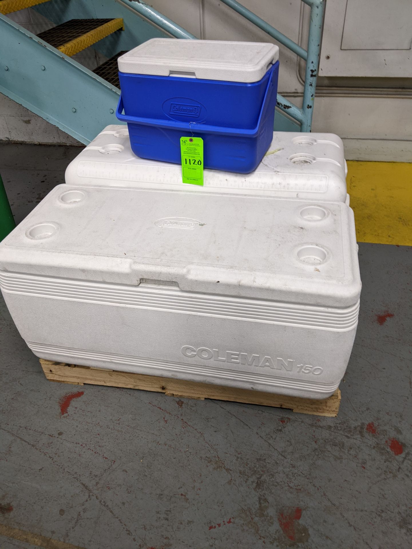 PALLET OF (3) COOLERS AND (2) RECYCLING BINS