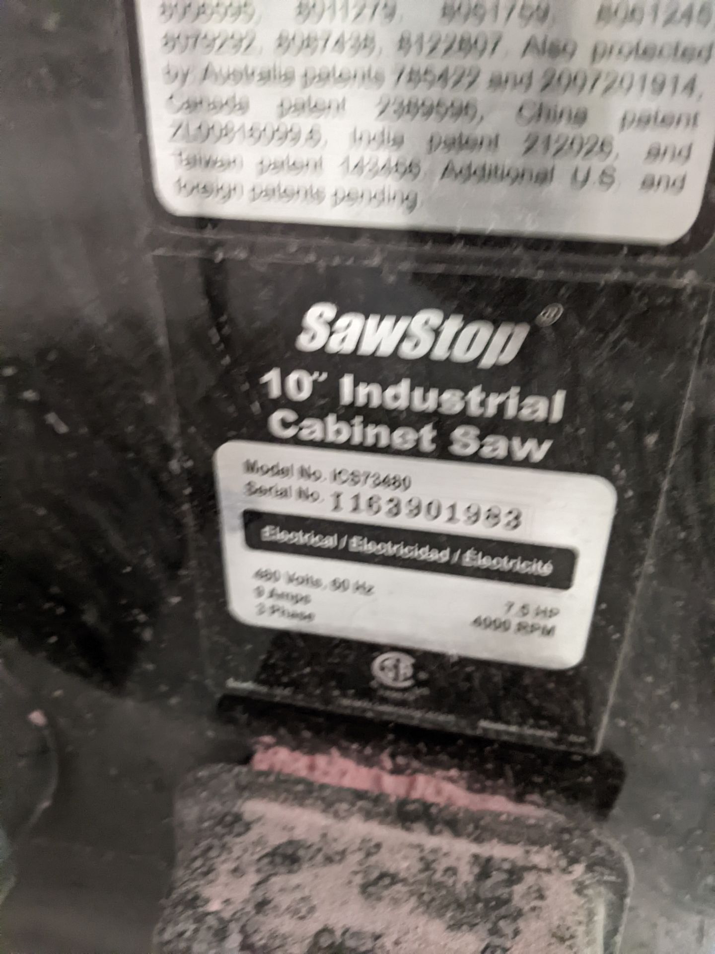 SAW STOP 10" INDUSTRIAL CABINET SAW MODEL # ICS73480; SERIAL # I163901983 - Image 2 of 2