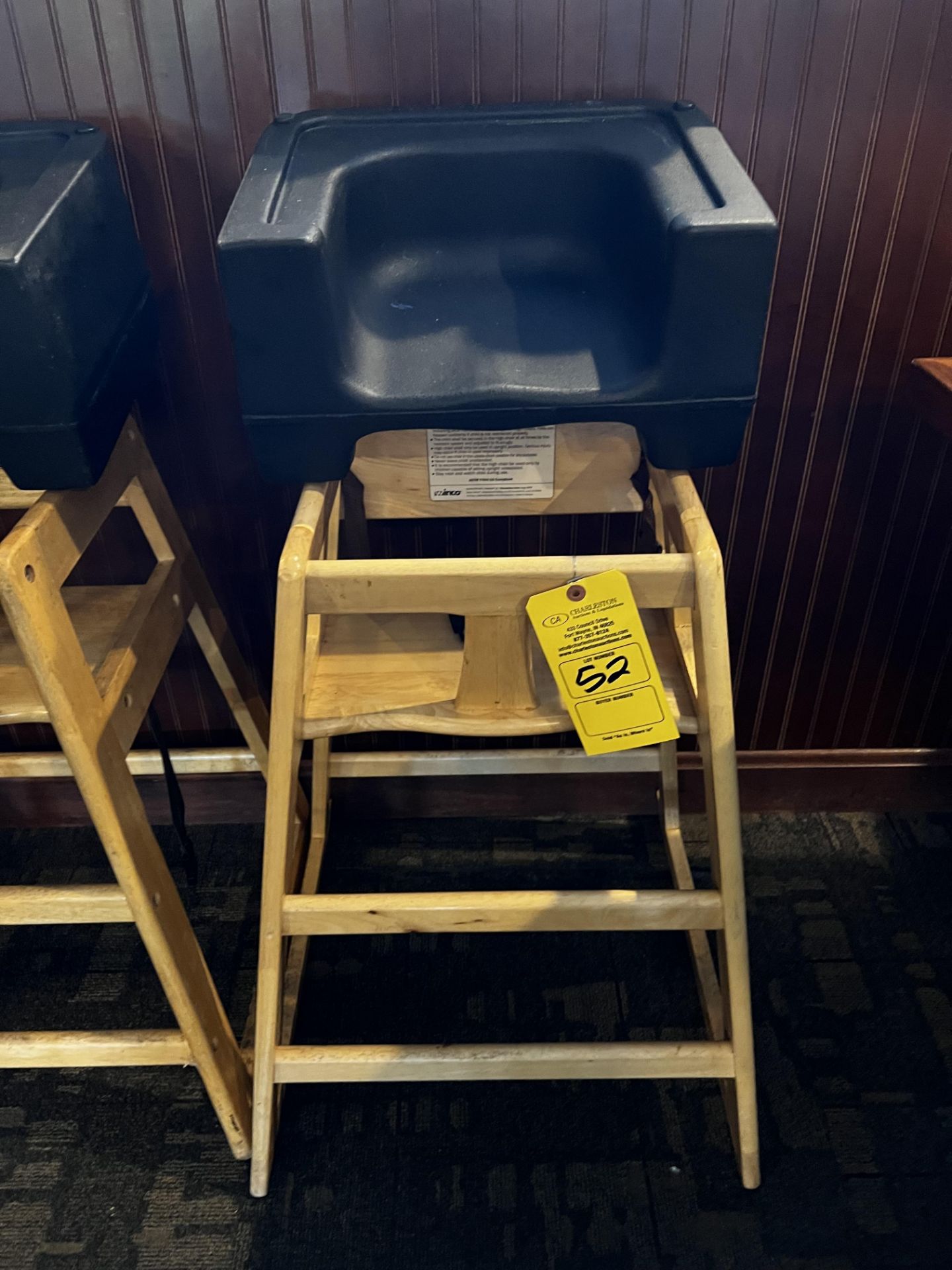 (1) WOOD HIGH CHAIR; (1) PLASTIC BOOSTER SEAT