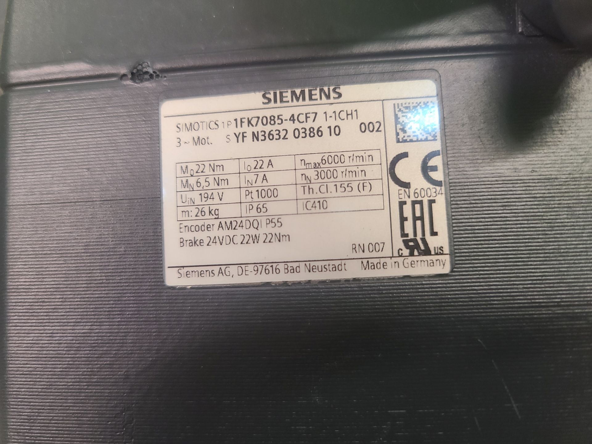 SIEMENS MIOTICS MAIN MOTOR (IP) 1FK7085-4CF7 1-1CH1 - Image 2 of 3