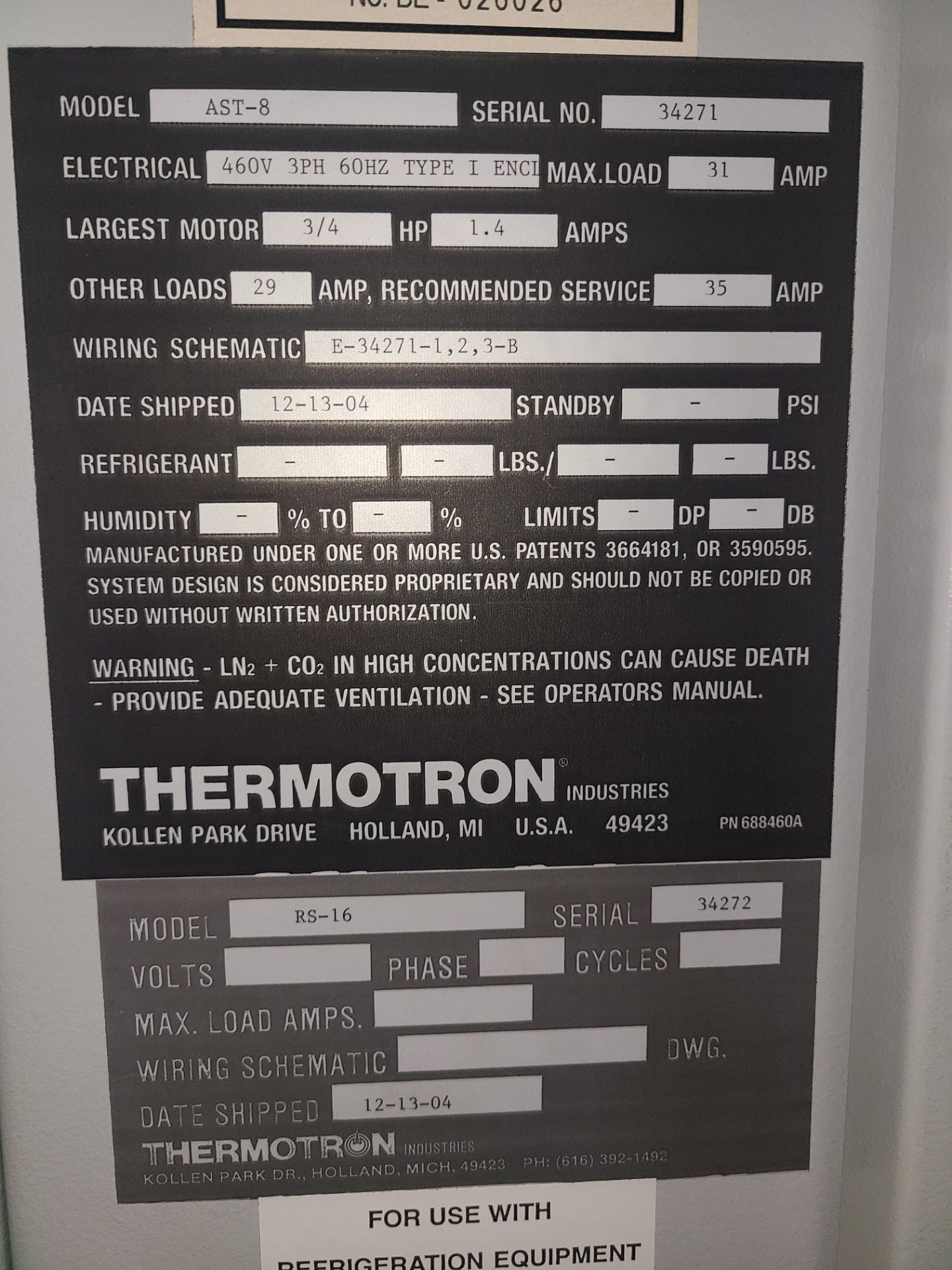 THERMOTRON ENVIRONMENTAL CHAMBER MODEL # AST-8 SERIAL # 34271 460 V / 3 PH / 60 HZ / 3/4 HP - Image 3 of 5