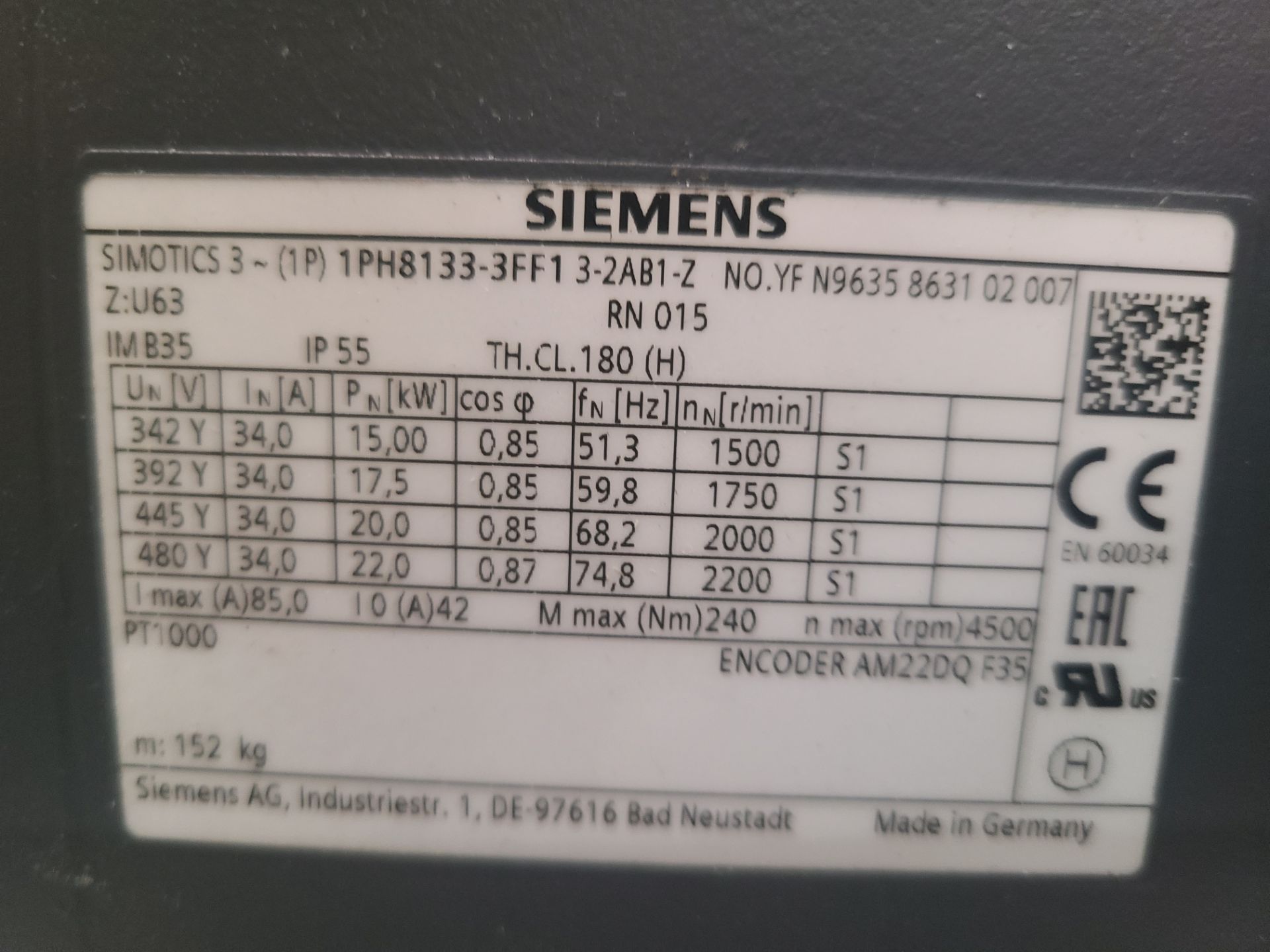 SIEMENS SIMOTICS 3 MAIN MOTOR (IP) 1PH8133-3FF1 3-2AB1-2 - Image 3 of 4