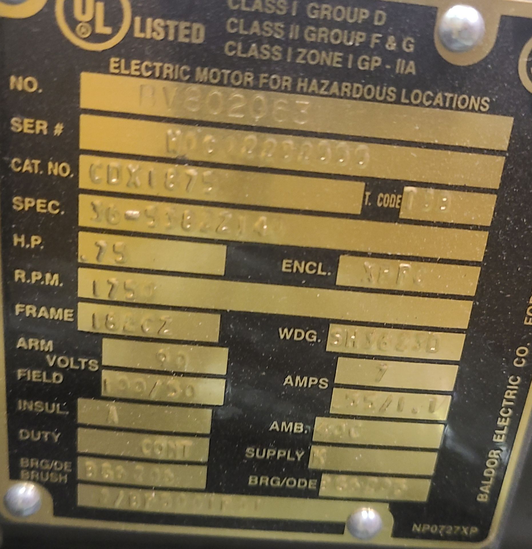 BALDOR ELECTRIC MOTOR 3/4 HP 1750 RPM FRAME 182 CZ; MODEL # BV802063; CAT # CDX1875 - Image 2 of 3